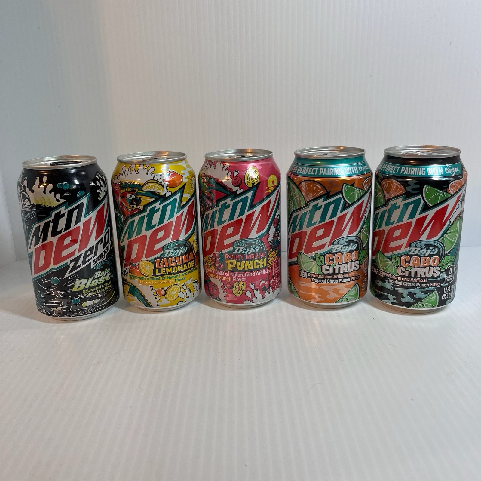 Mountain Dew Baja Blast 5 can lot Laguna Lemonade, Baja Cabo Citrus, Baja Cabo