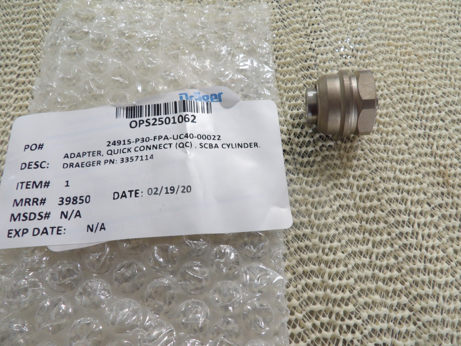 NEW Draeger 3357114 Cylinder Quick Connect Adaptor SCBA 5000/7000