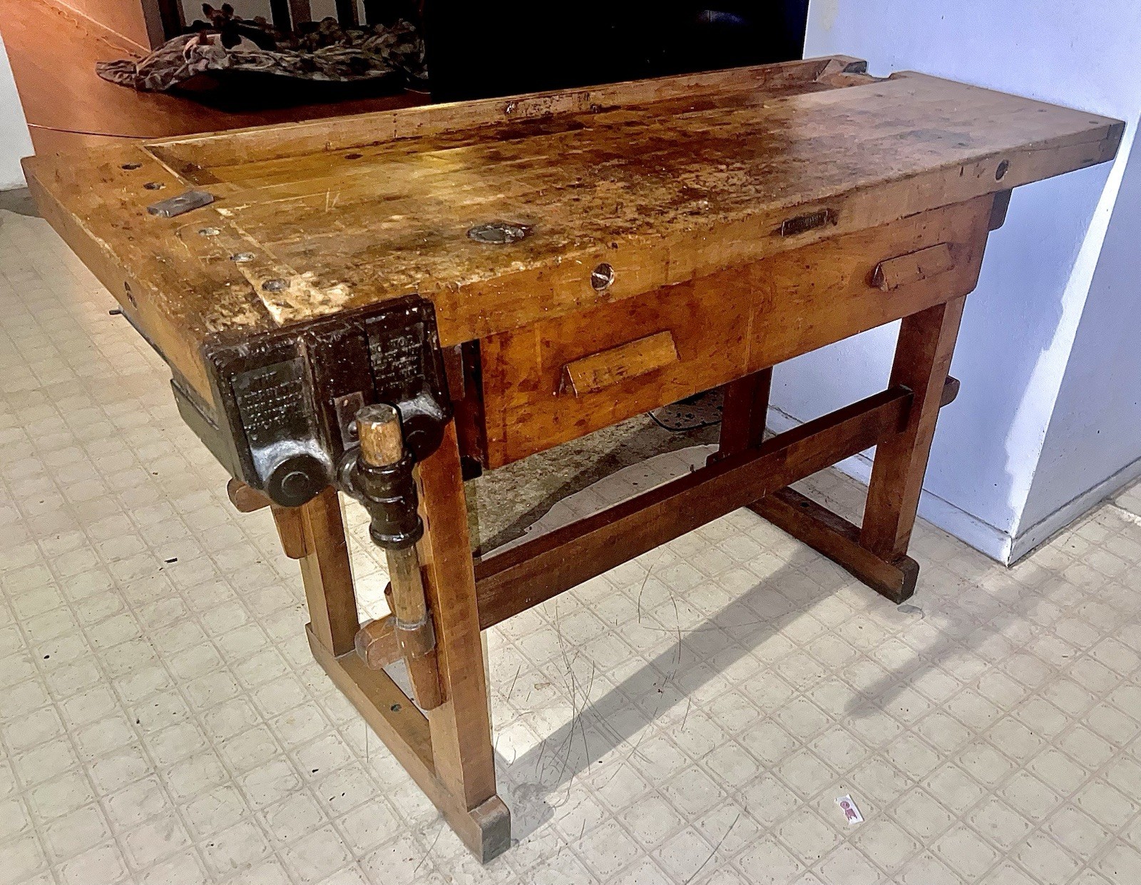 Vintage well maintained Antique C. Christiansen Carpenter Woodworking bench