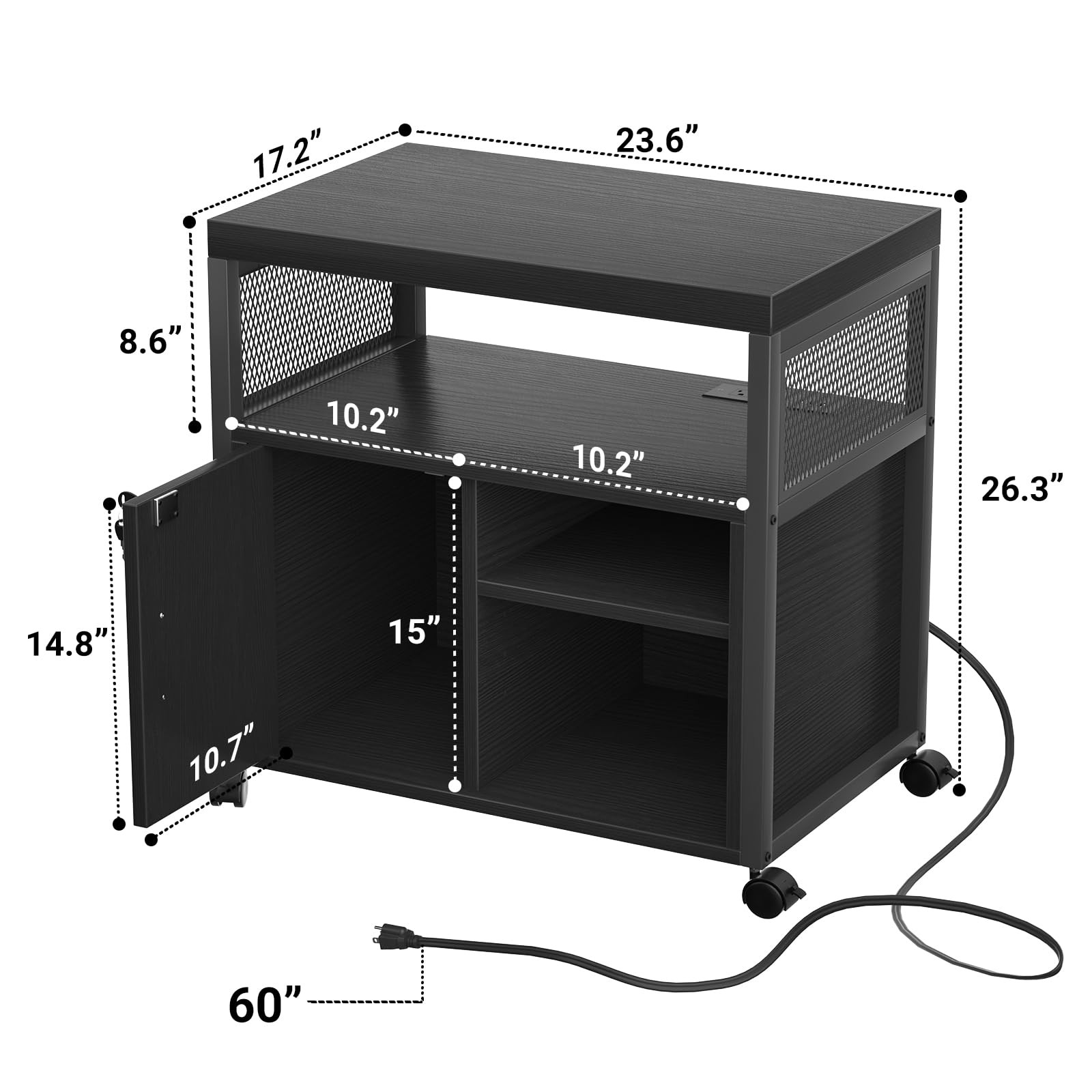 Locking Lateral File Cabinet with USB Charging, Rolling Printer Stand, Black
