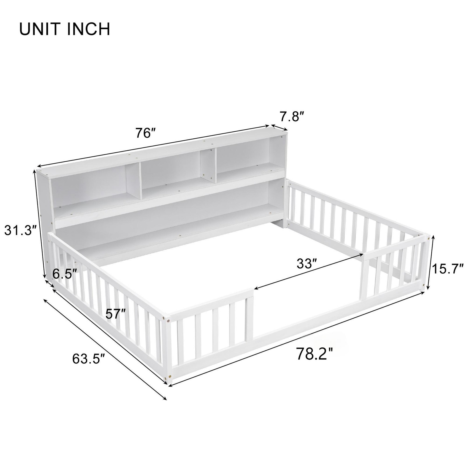 Full Size Floor Bed w/ Bookcase & Guardrails, White, Sturdy Pine Frame