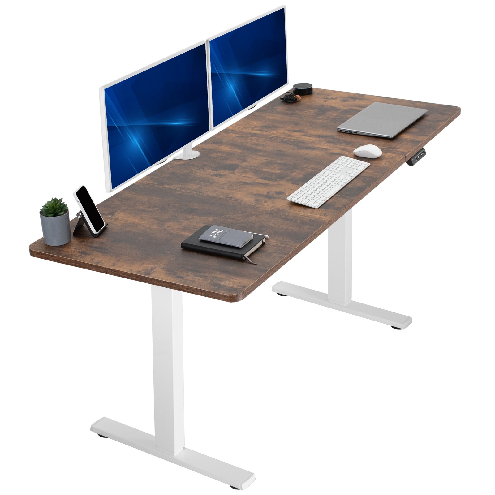 VIVO Electric 71” x 30” Stand Up Desk, Rustic Vintage Brown Tabletop White Frame