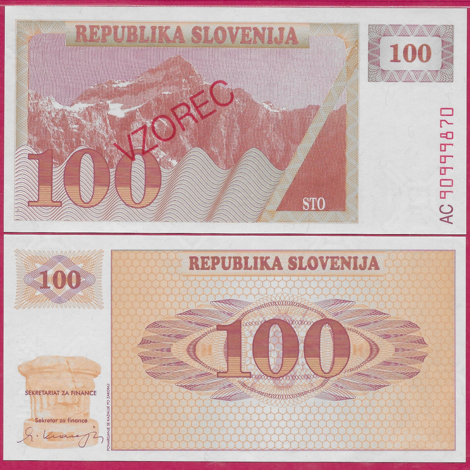 SLOVENIA 100 TOLARJEV 1990 UNC (VZOREC)SPECIMEN,TRIGLAV MOUNTAIN (Julian Alps),T