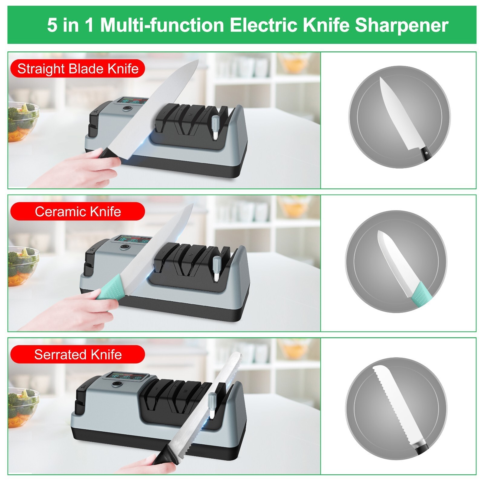 5 in 1 Electric Knife Sharpener-3 Rotational Speed Adjustable Knife Sharpener US