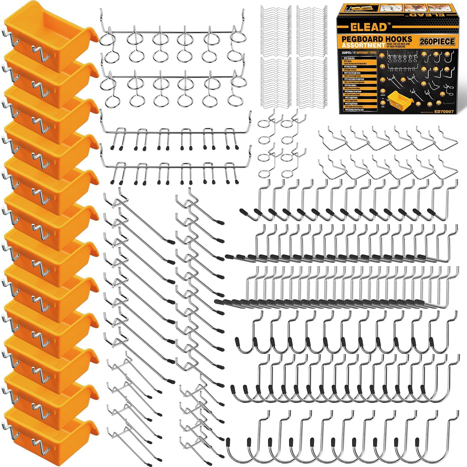 260 Piece Pegboard Hooks 1/8 and 1/4 inch peg Board Organizer Accessories wit...