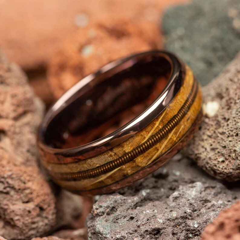 Guitar String & Whiskey Barrel Light Coffee Tungsten Men's Wedding Ring 8mm