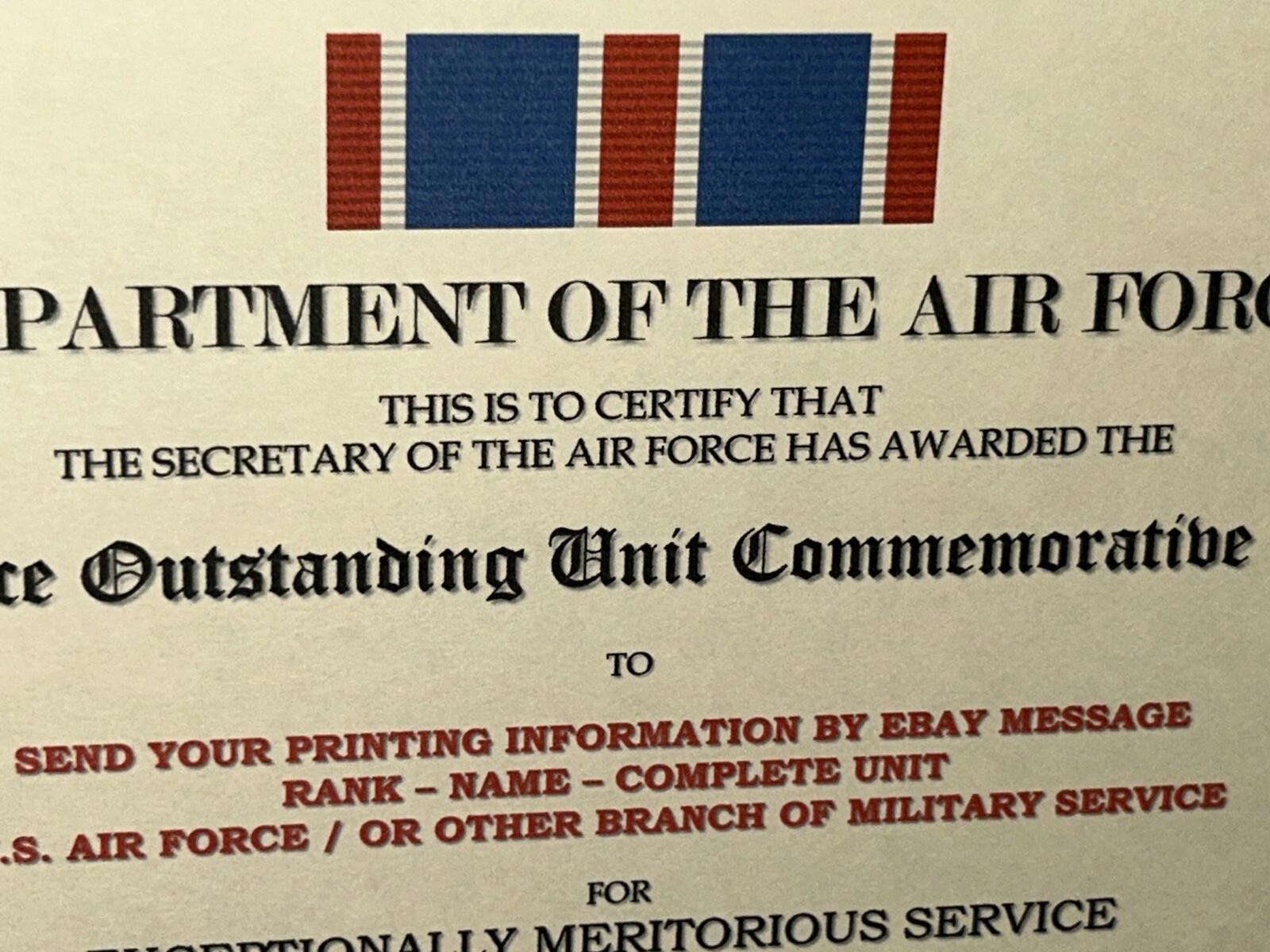 AIR FORCE OUTSTANDING UNIT COMMEMORATIVE AWARD CERTIFICATE~W/PRINTING T-1