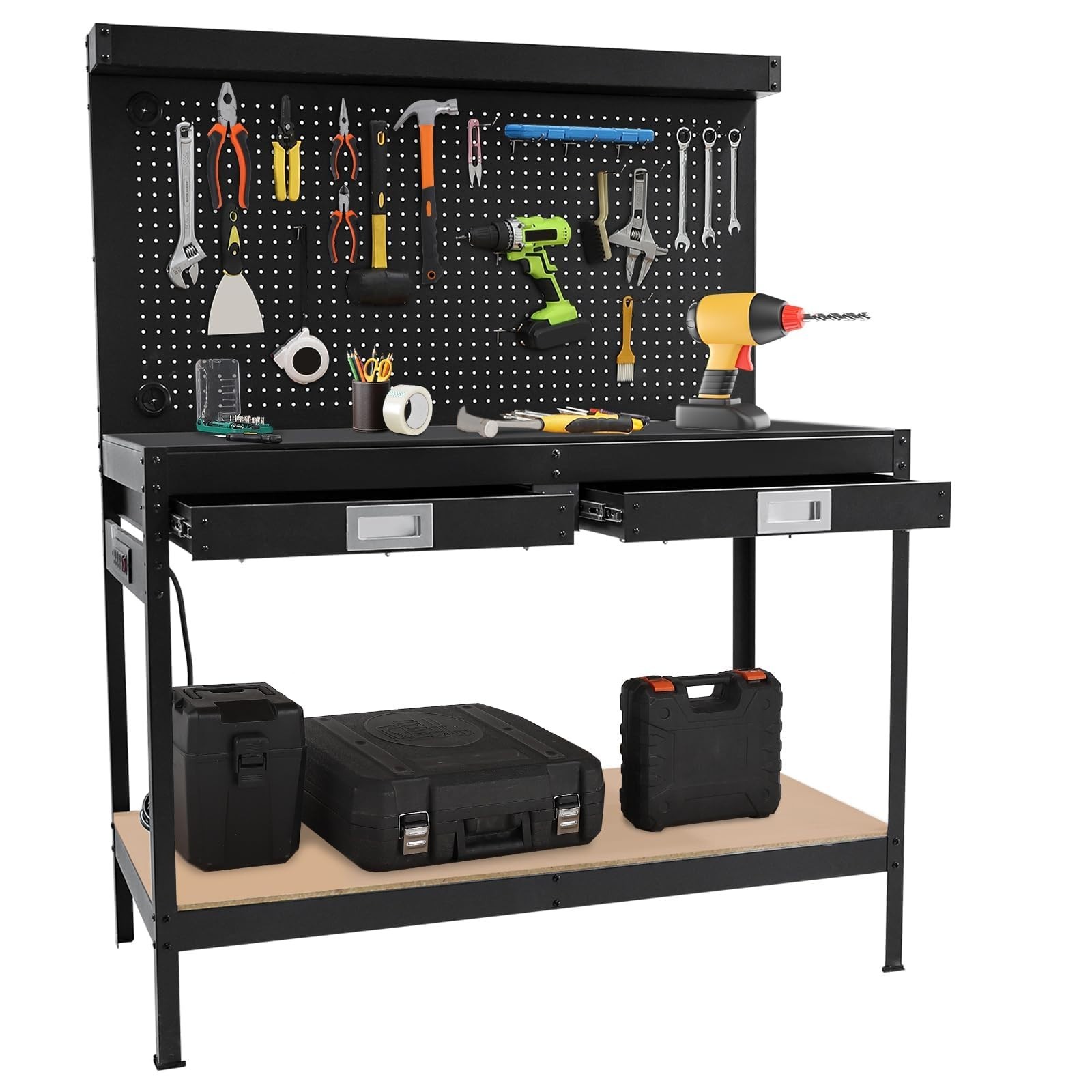 48 in Workbench, Metal Tool Storage Bench with Pegboard, 2 Drawers, Power Outlet