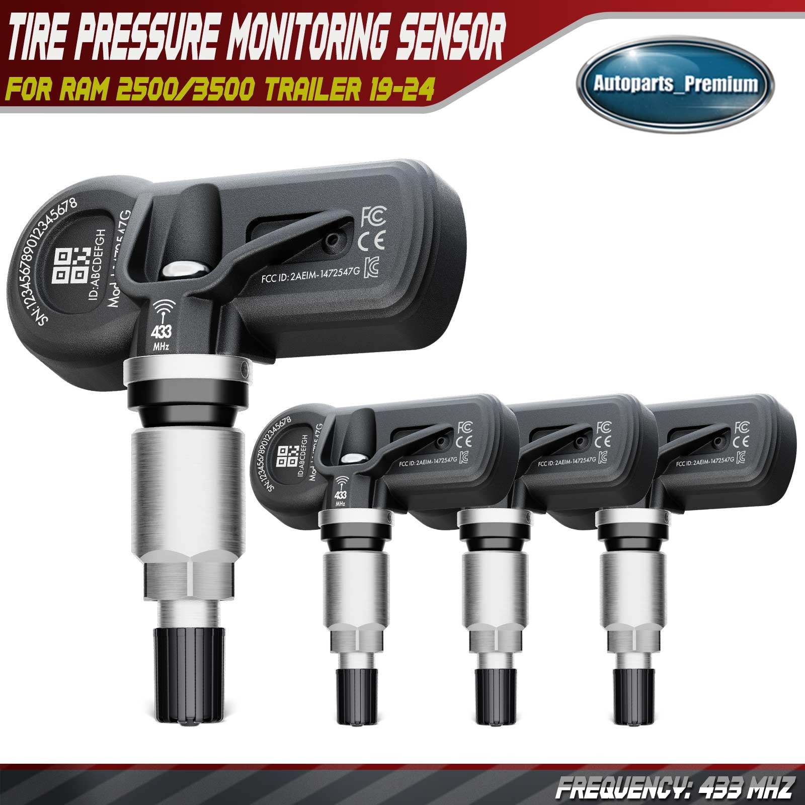 4x 433MHz TPMS Tire Pressure Monitoring Sensor for Ram 2500/3500 Trailer 19-24