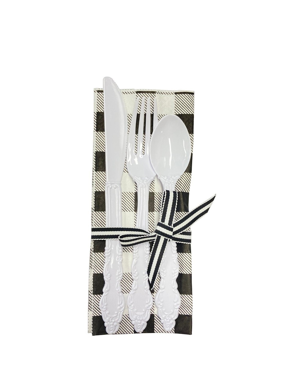Plastic Flatware with Napkin, White Gingham