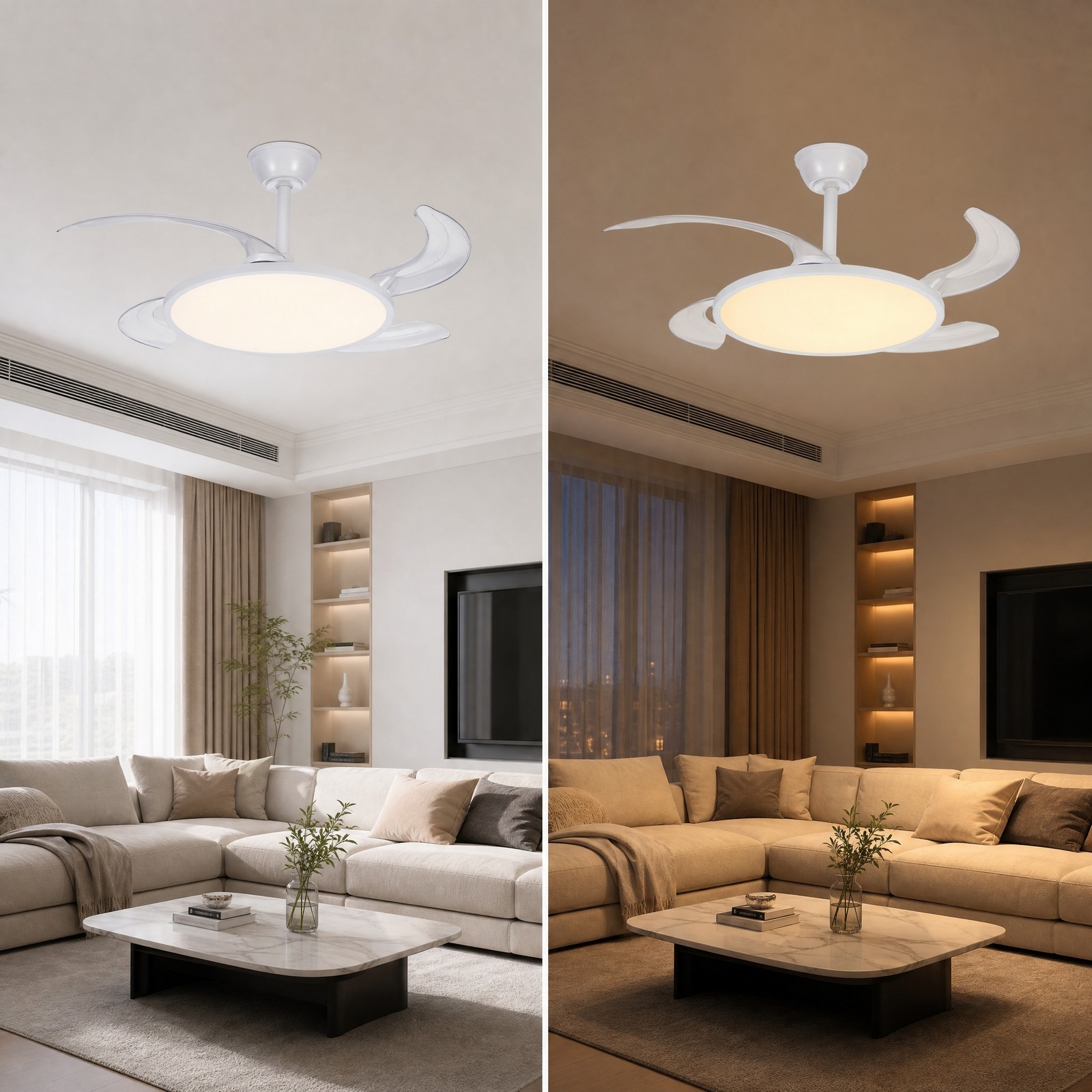 42 inch White Low Profile Retractable LED Ceiling Fan Remote Control with Light