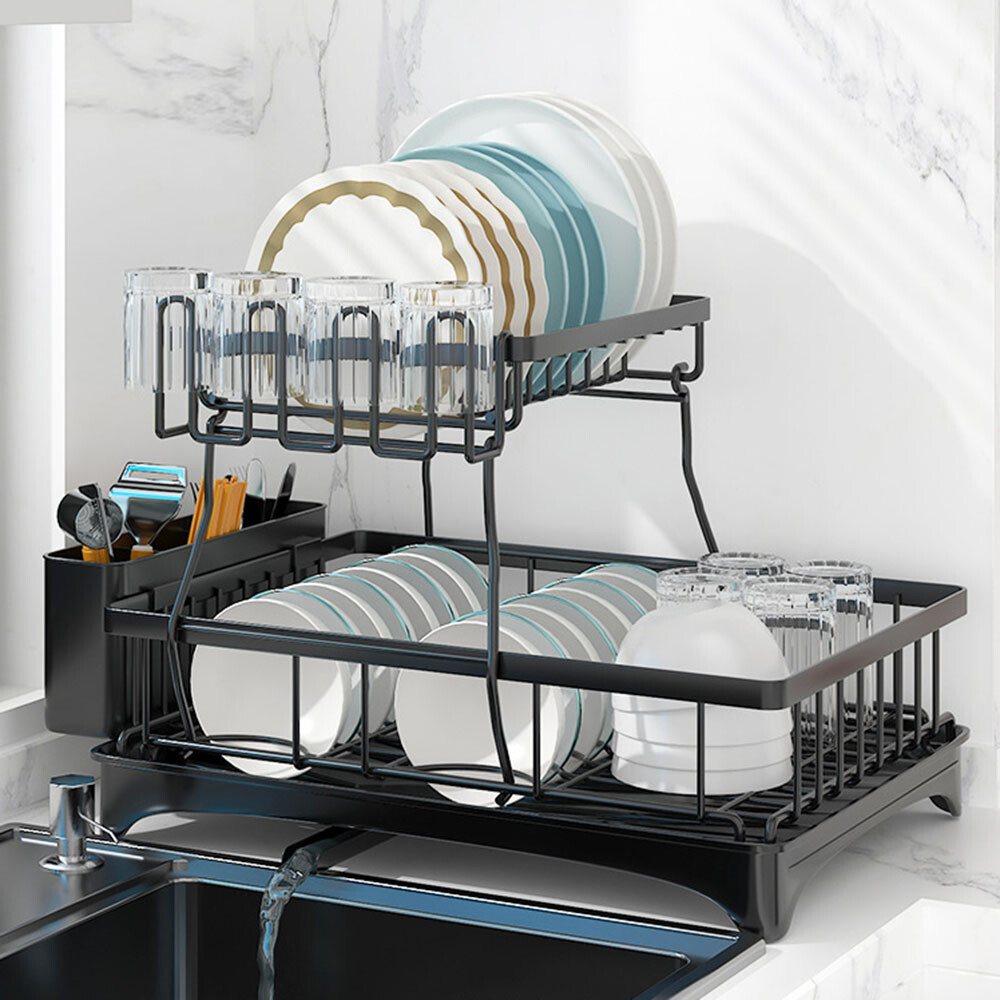 2-Tier Drying Dish Rack and Drain Board Set Utensil Holder Metal Kitchen Counter