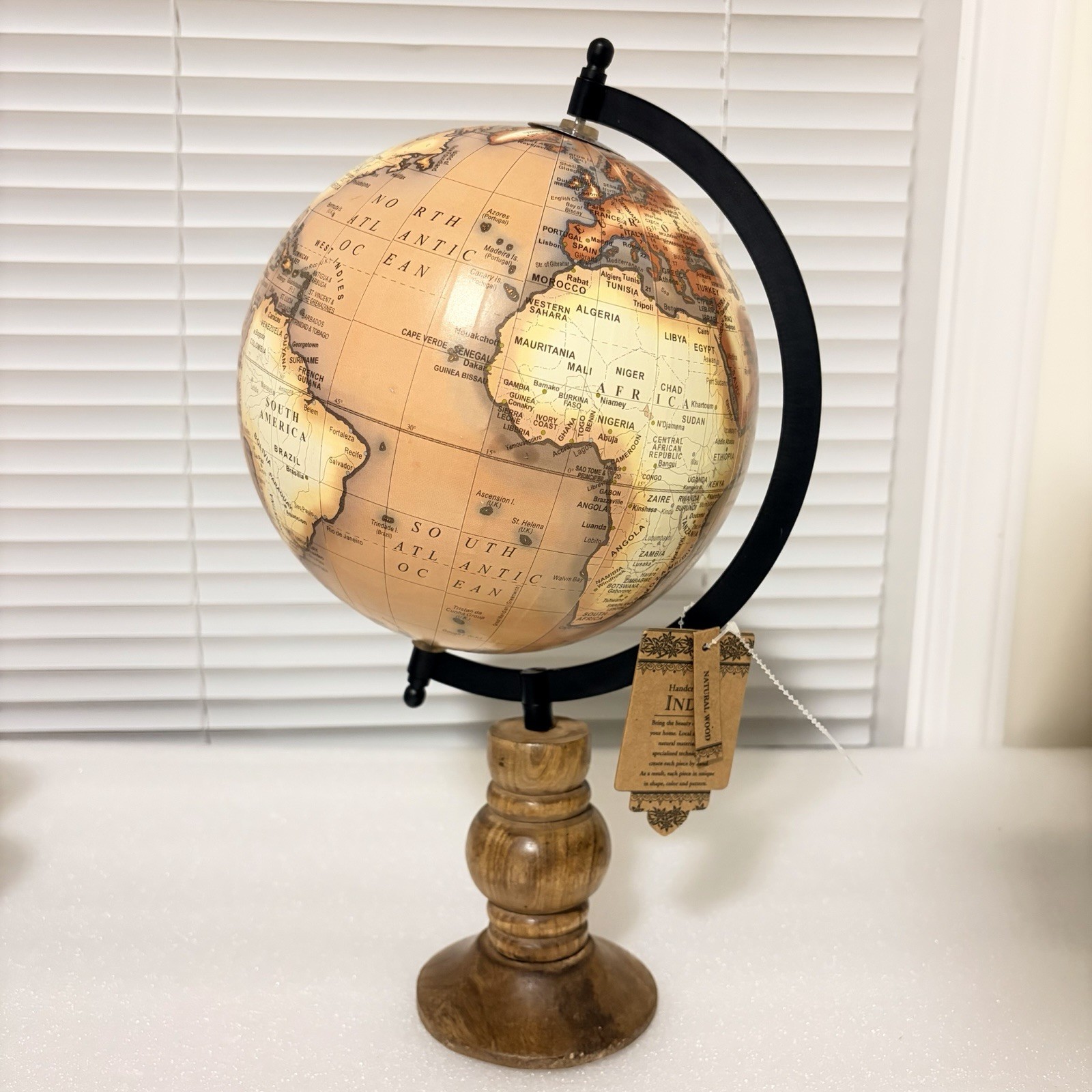 Desktop World Map Rotating Globe With Wooden Base 15” NEW W/ Tag