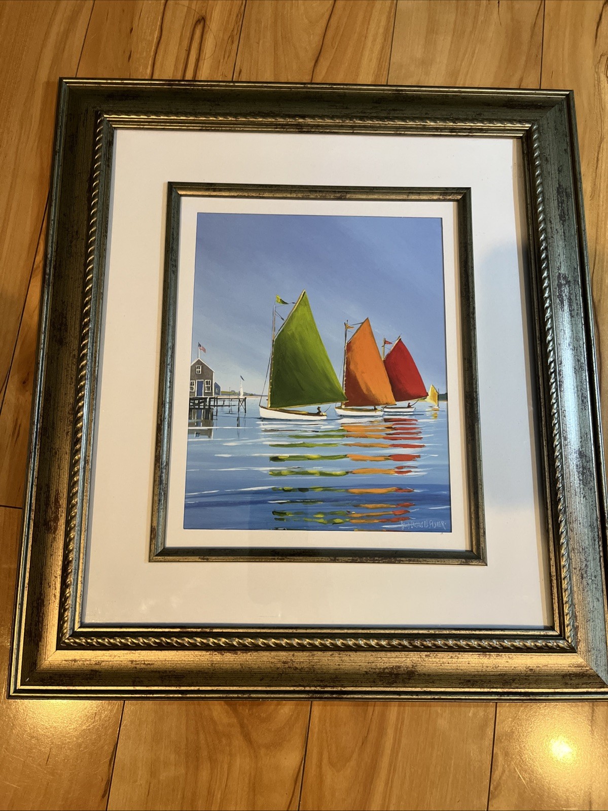 Original Signed Sally Caldwell Fisher Coastal Sailboats Framed Painting 16x18