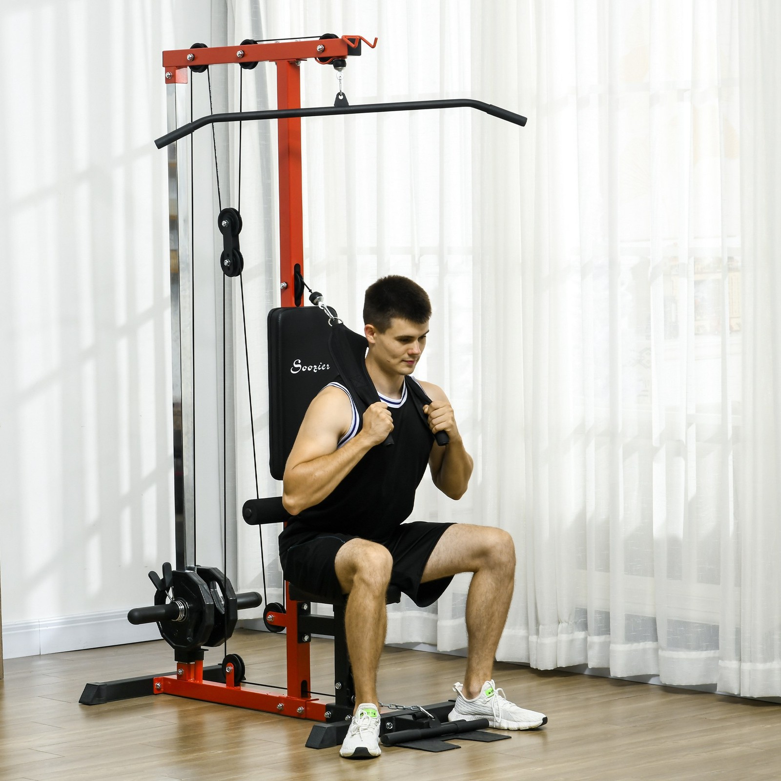 Lat Pull Down Machine High Low Pulley Machine Adjustable Seat Flip-Up Footplate