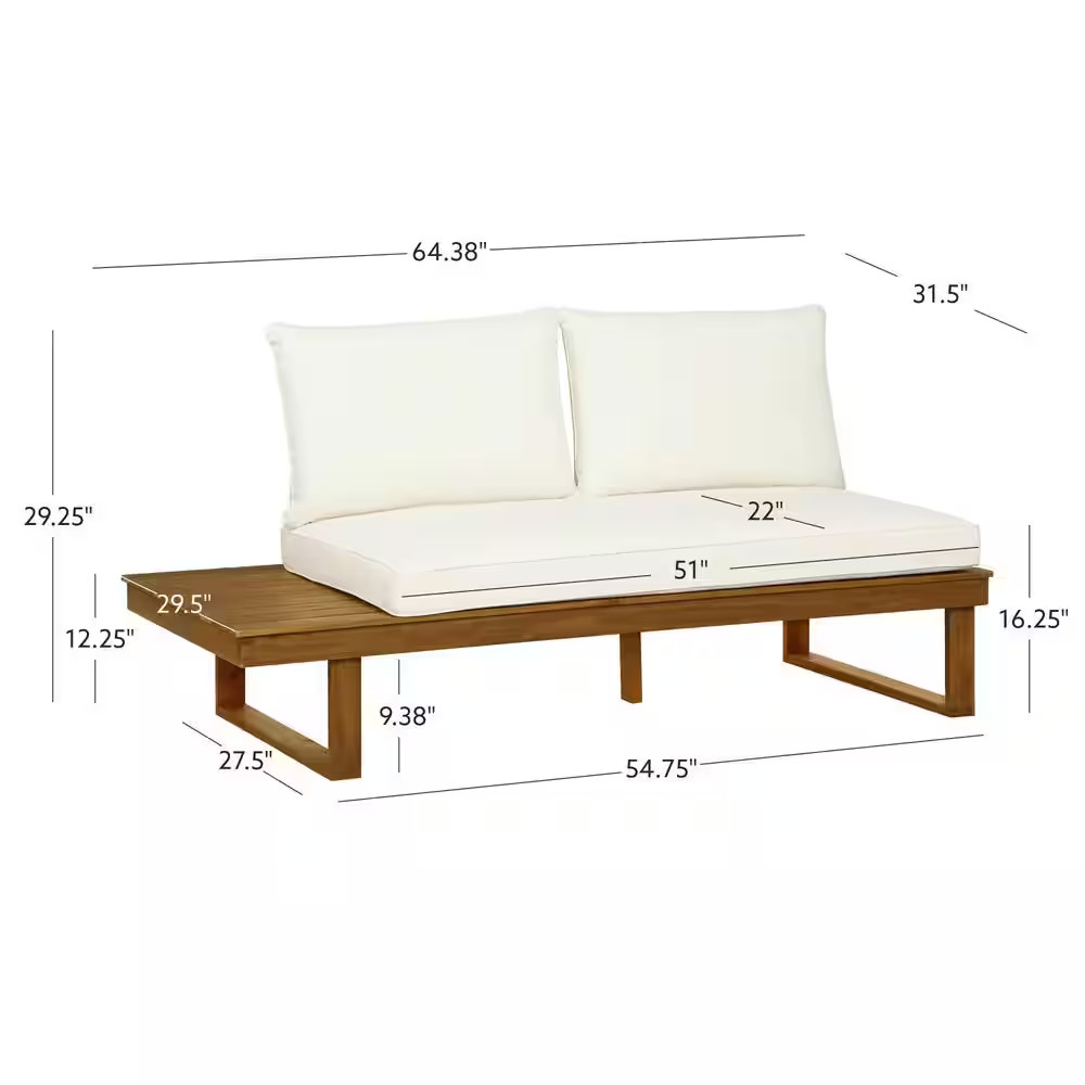 Didier Natural Brown Wood Outdoor Left-Side Loveseat with Beige Polyester Cushio