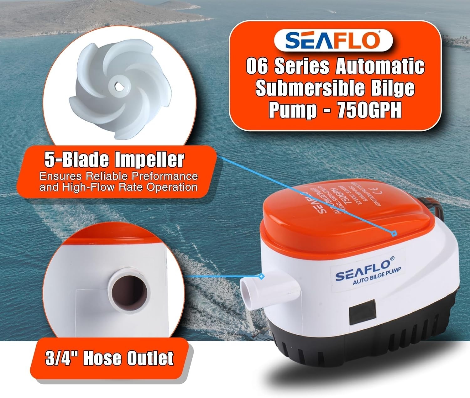06 Series 750GPH Automatic Submersible Bilge Pump with Built-In Float Switch 12V