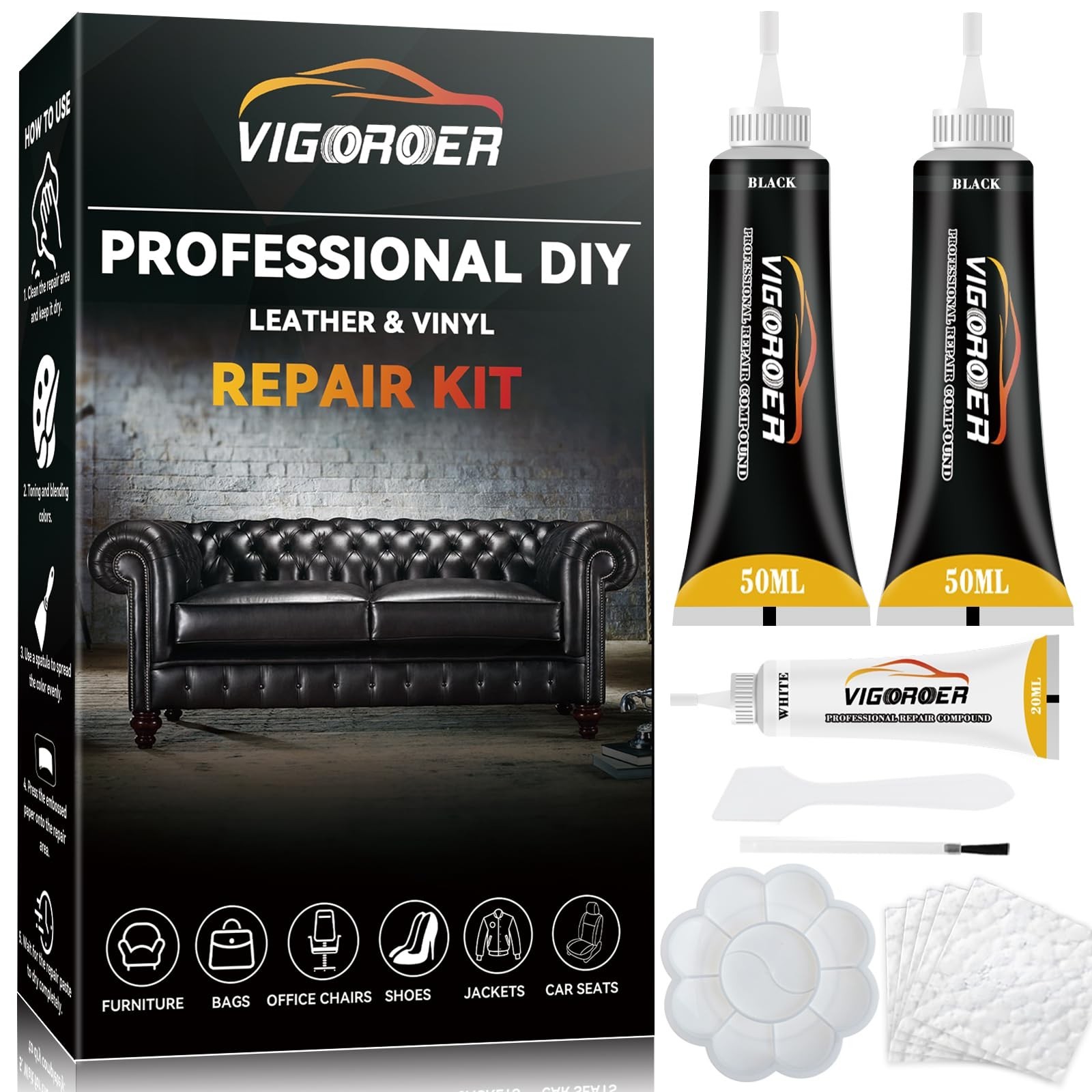 Black Leather Repair Kit for Furniture, Leather Seat Repair Kit for Cars, Eas...