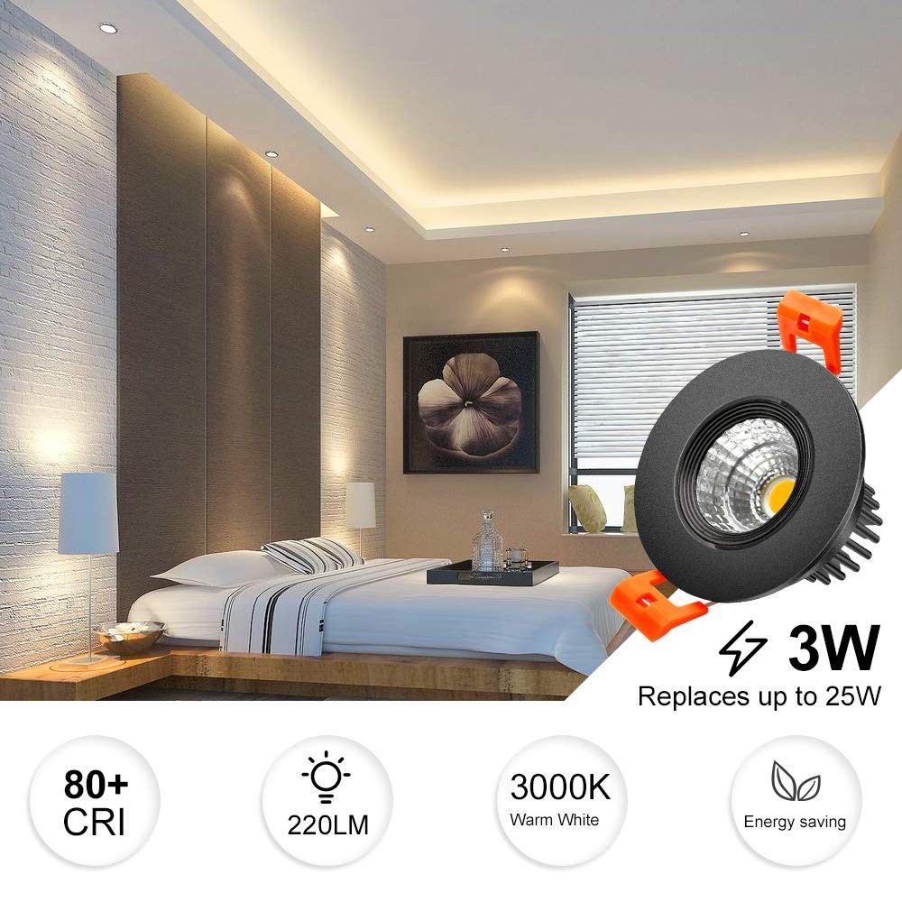inShareplus 2 Inch LED Downlight, 3W Recessed Black/1Pack, 3000k(Warm White)