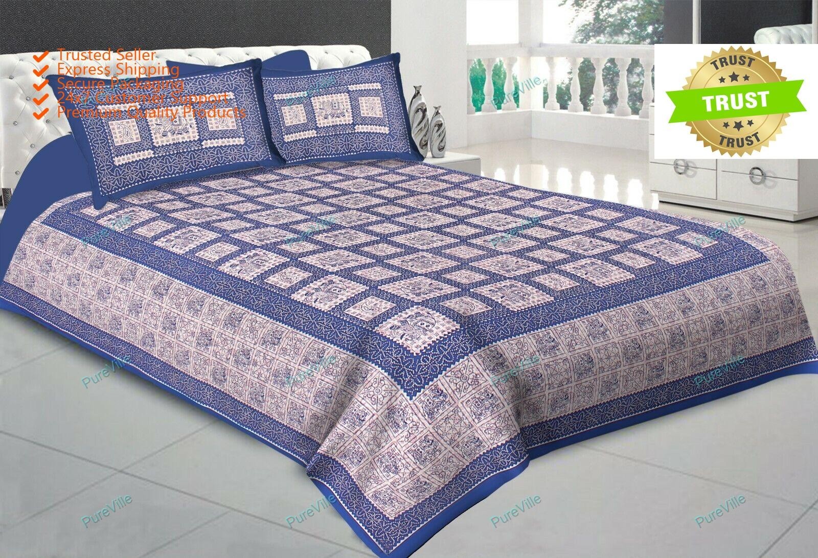 Jaipuri Geometric Printed Home Decor Cotton Double Bed Sheet With 2Pillow Cover