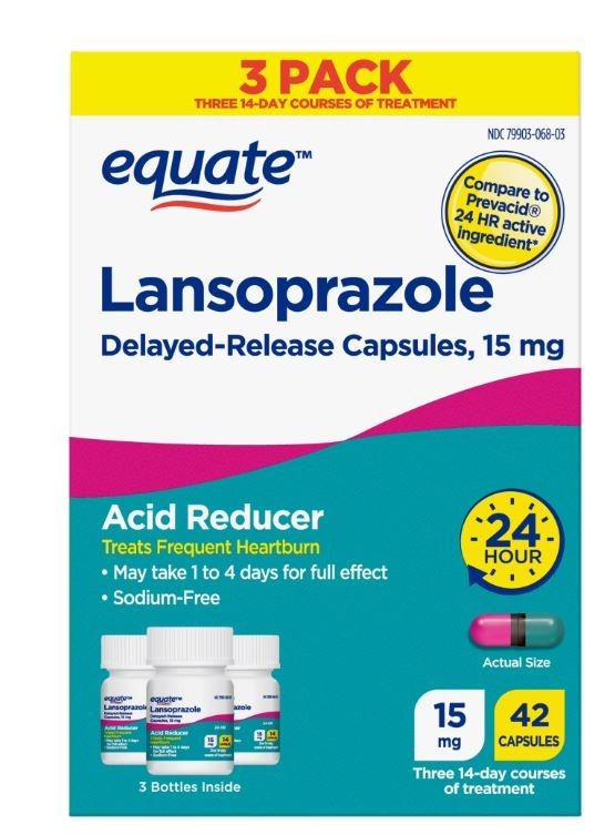 (3 Pack) Equate Lansoprazole 15mg Acid Reducer Capsules, 42 Ct