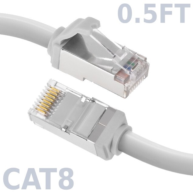 0.5FT Ethernet LAN Network Cat8 RJ45 S/FTP Cable Shielded Cord 28AWG 2GHz White