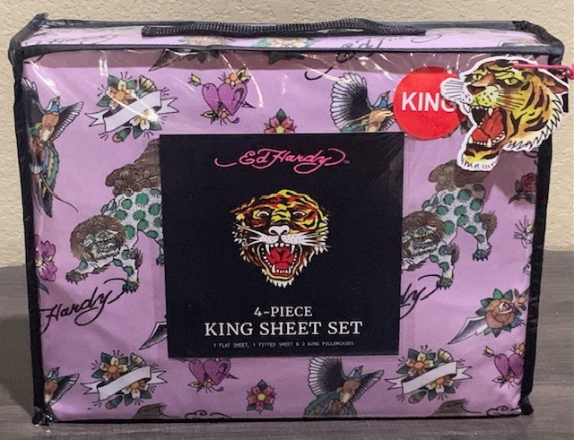 Ed Hardy Purple 4pc KING Sheet Set w/Tigers,Shishi Guardian Lions,Flowers,Birds