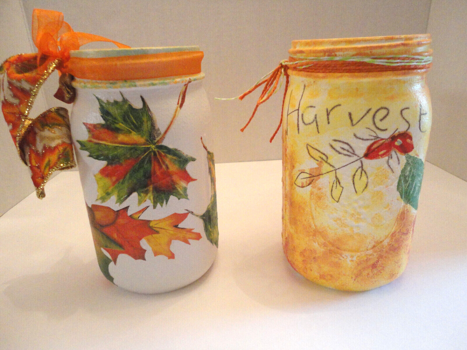 Decoupage Quart Mason Jar, Autumn Leaves or Harvest TIme ( Handmade)