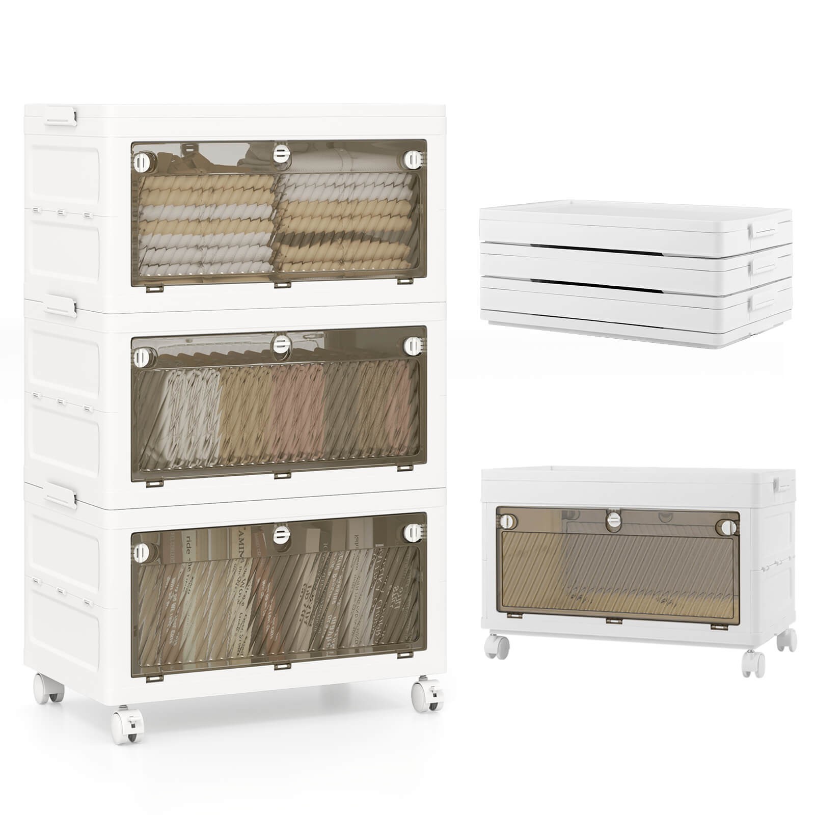 3-Tier Stackable Storage Bins 33-gal Collapsible Storage Boxes w/ Lid Organizer