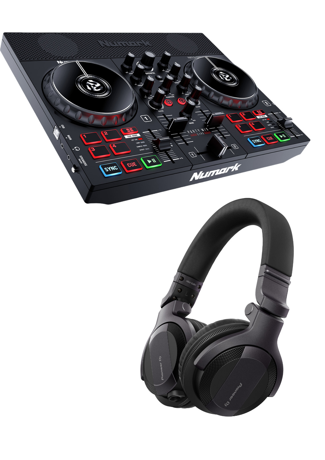 Party Mix Live DJ CONTROLLER WITH BUILT-IN LIGHT SHOW , Speakers + HDJ-CUE1