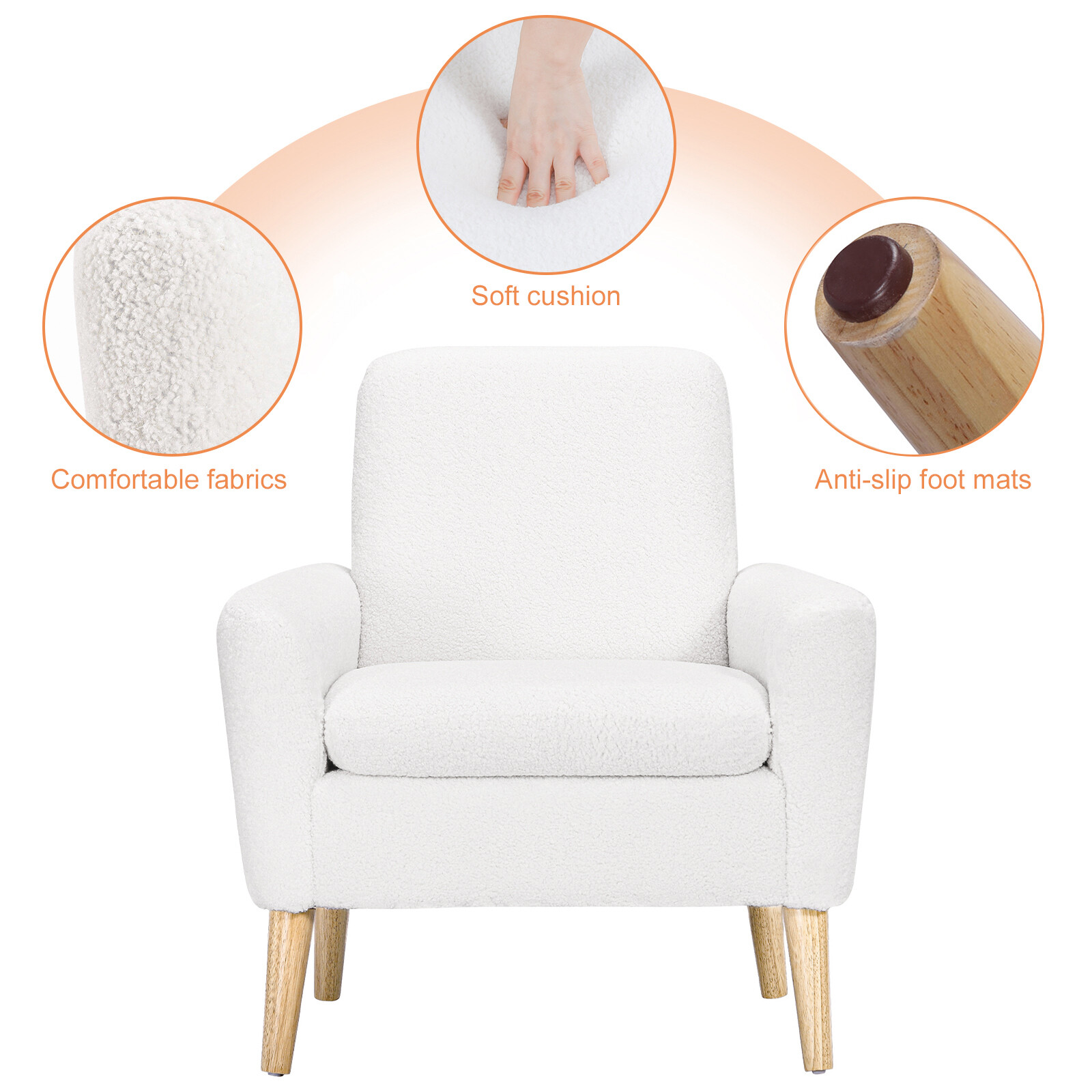 Accent Chair White Teddy Fabric Upholstered Comfortable Arm Chair Sofa Chair