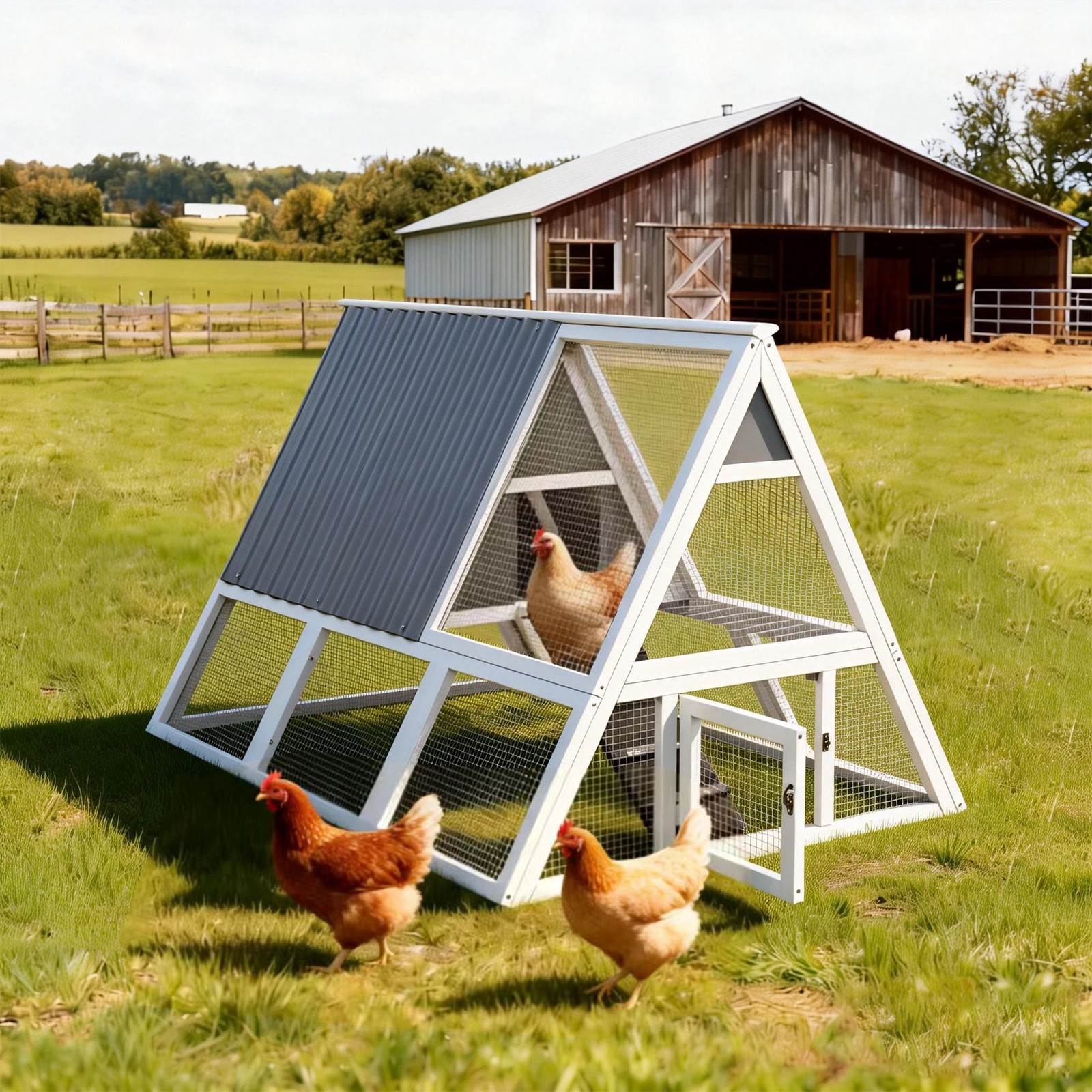 Large Triangular Wire Mesh Chicken Coop with Weatherproof Nesting Box Tray Gray