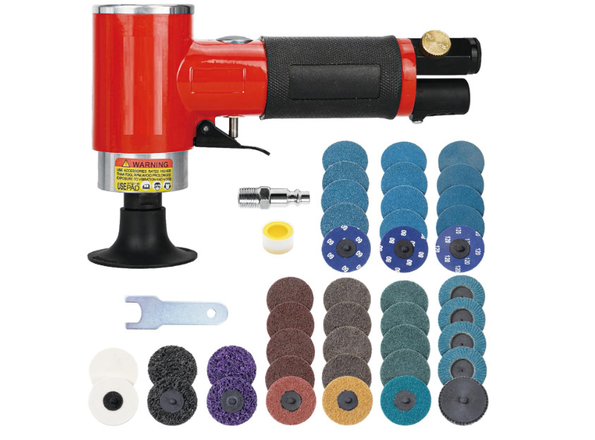 Mini lijadora orbital neumática 2", kit 41 discos roll lock pulido. Nuevo