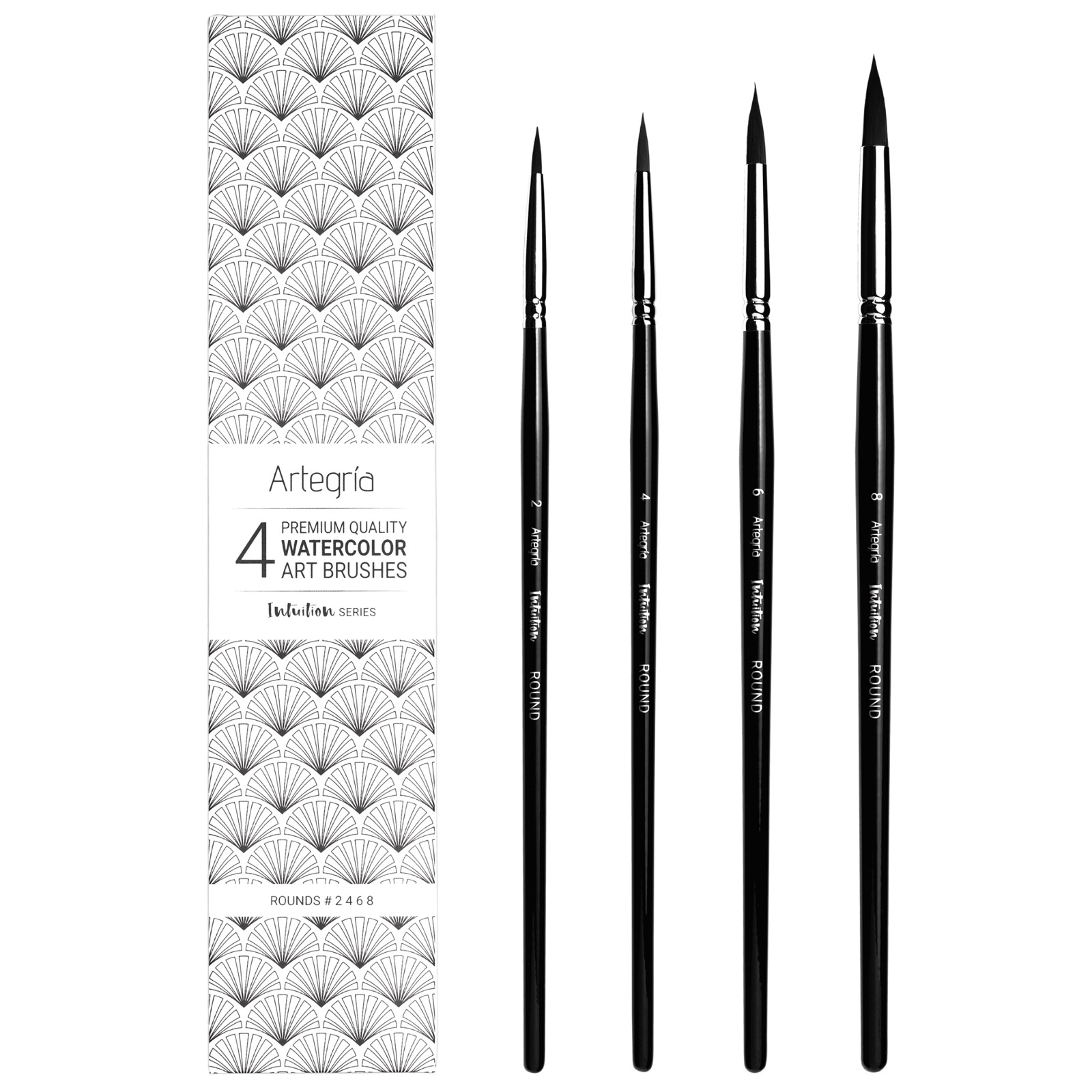 ARTEGRIA Watercolor Brush Set - 4 Synthetic Squirrel Brushes, Rounds # 2 4 6 8
