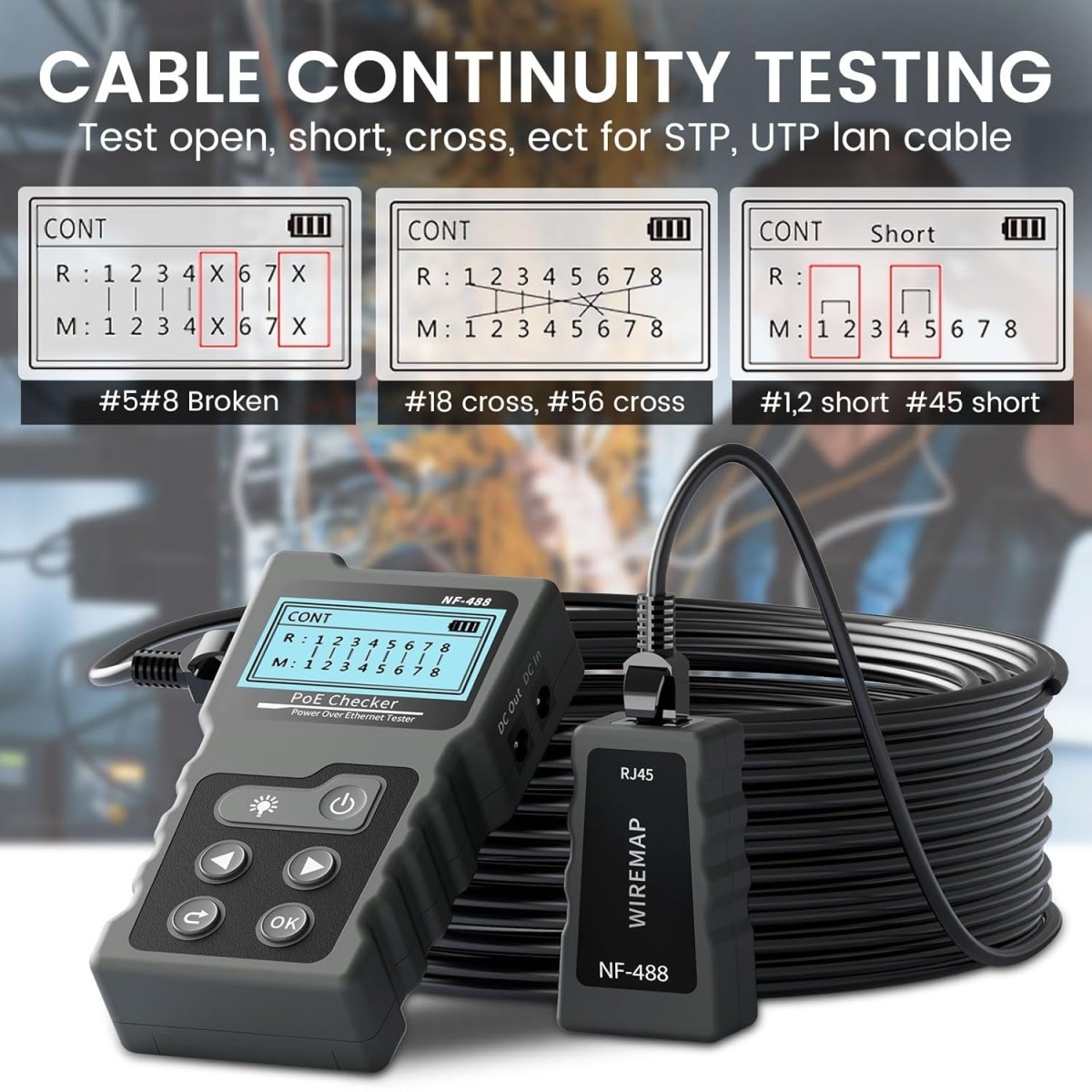 Network Cable Tester With LCD Screen POE Ethernet LAN Power Supply Volt