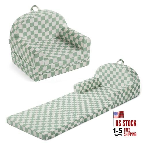 Foldable Toddler Couch, 2-in-1 Comfy Toddler Chair & Lounger Sage Checkered