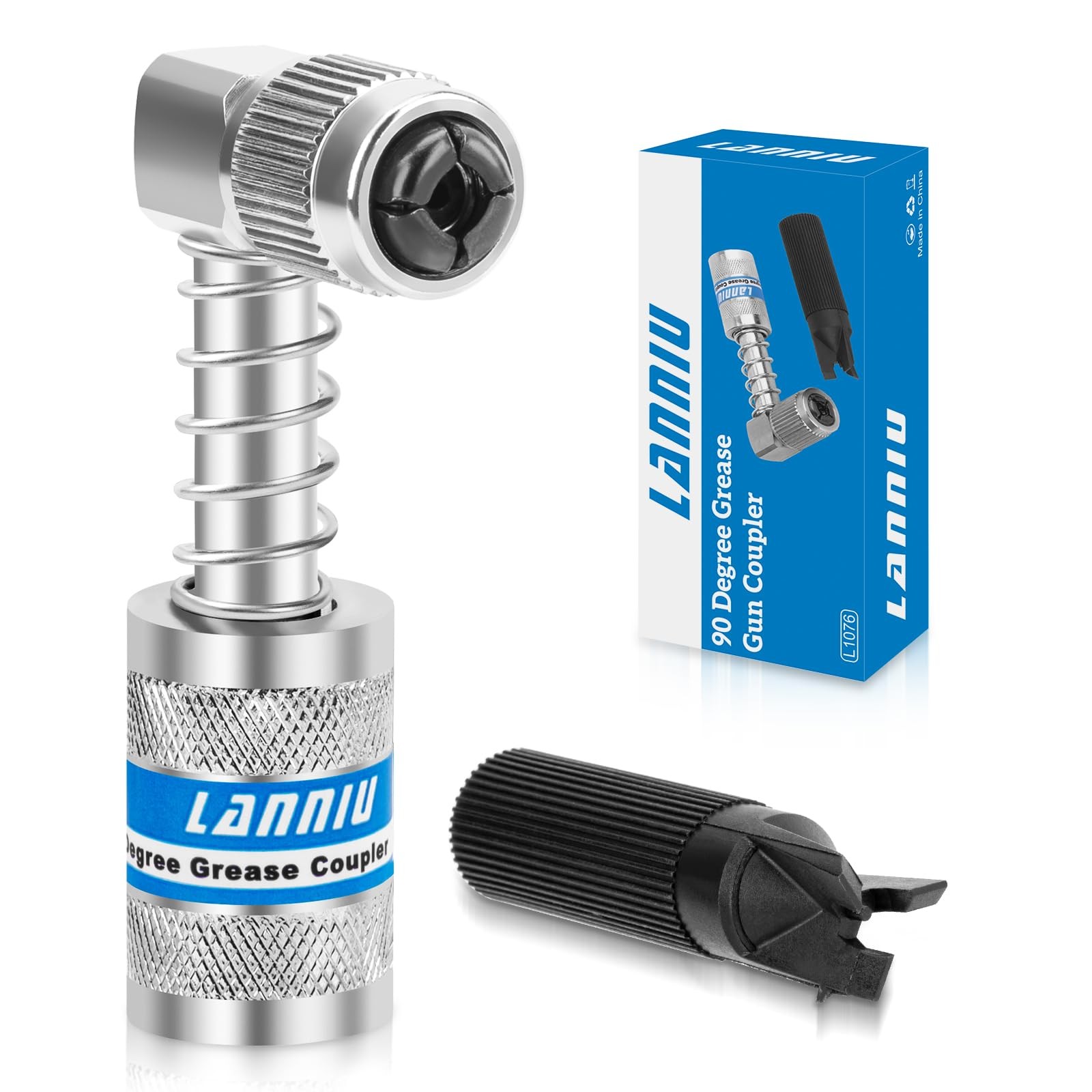 LANNIU 90 Degree Grease Gun Coupler - Upgraded 4-Jaw Quick Release Lock on Gr...
