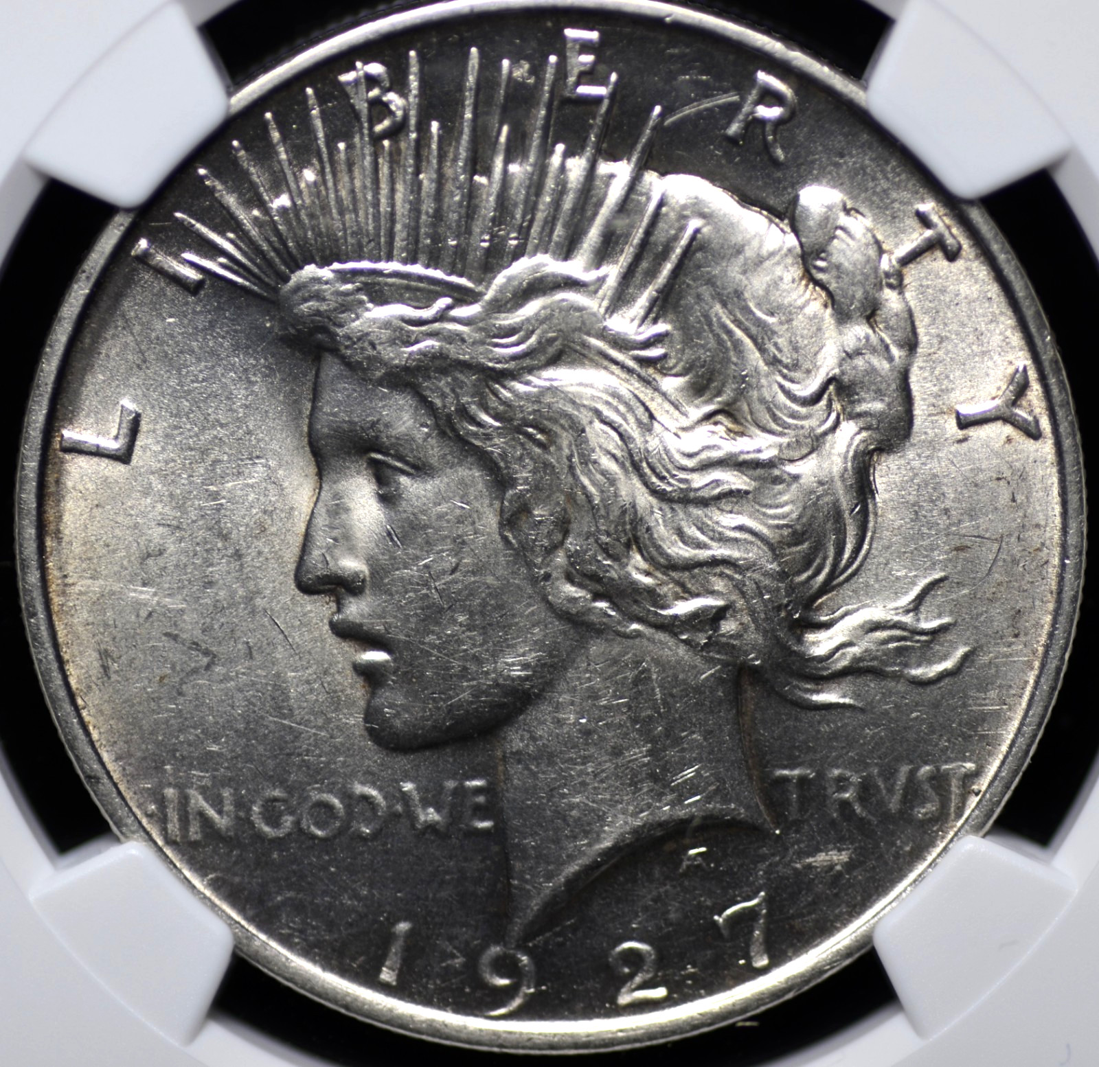 1927 D PEACE DOLLAR NGC MS 61 UNCTUOUS SILVER SATIN LUSTER, STRONG STRIKE, MARKS