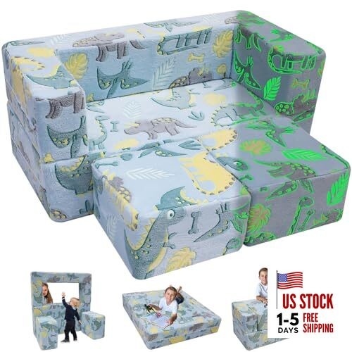 Glow-in-The-Dark Dinosaur Kids Loveseat - Modular Glowing Plush Blue Dinosaur