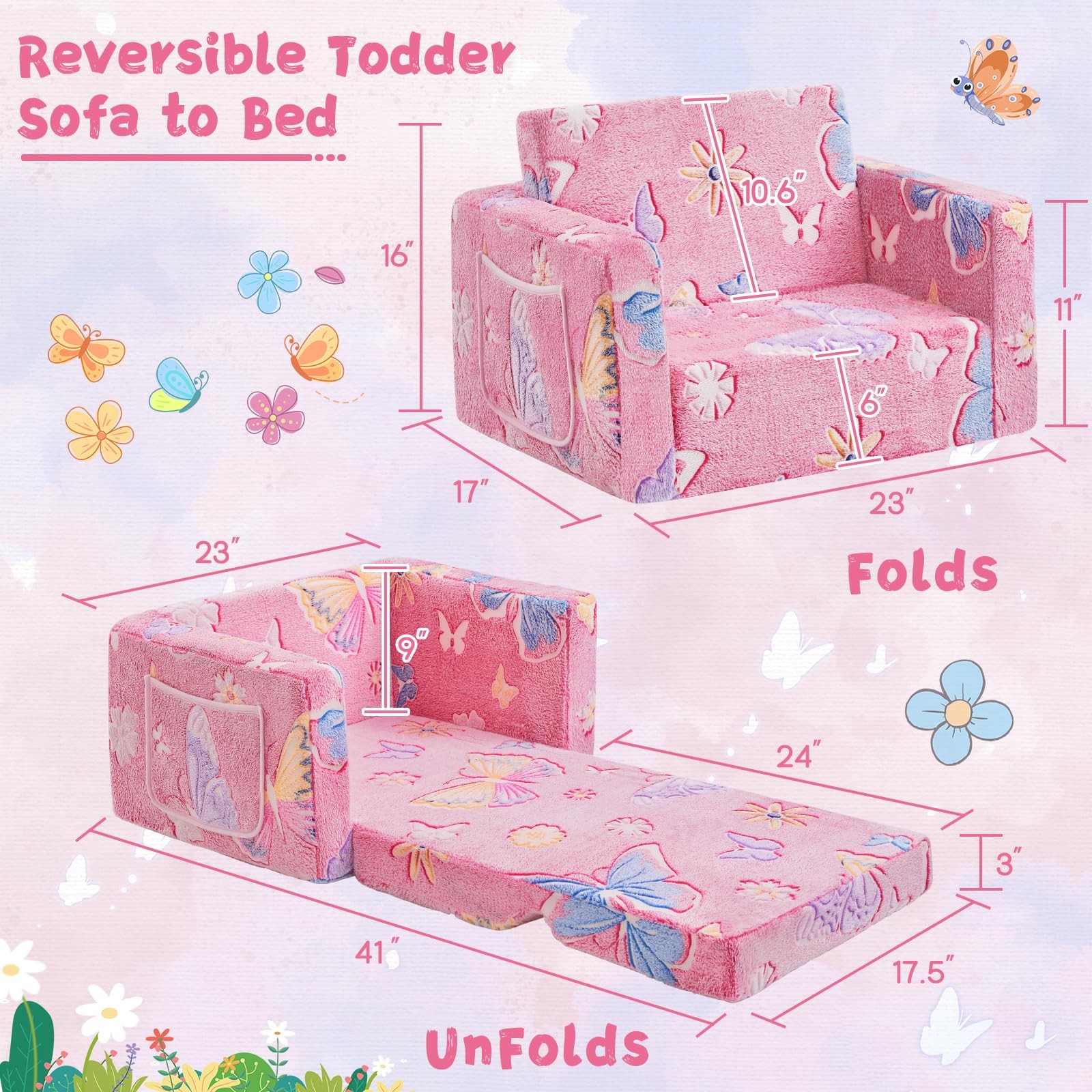 inhand Toddler Chair Comfy,2-in-1 Soft Toddler Couch Fold Out for Kids,Conver...