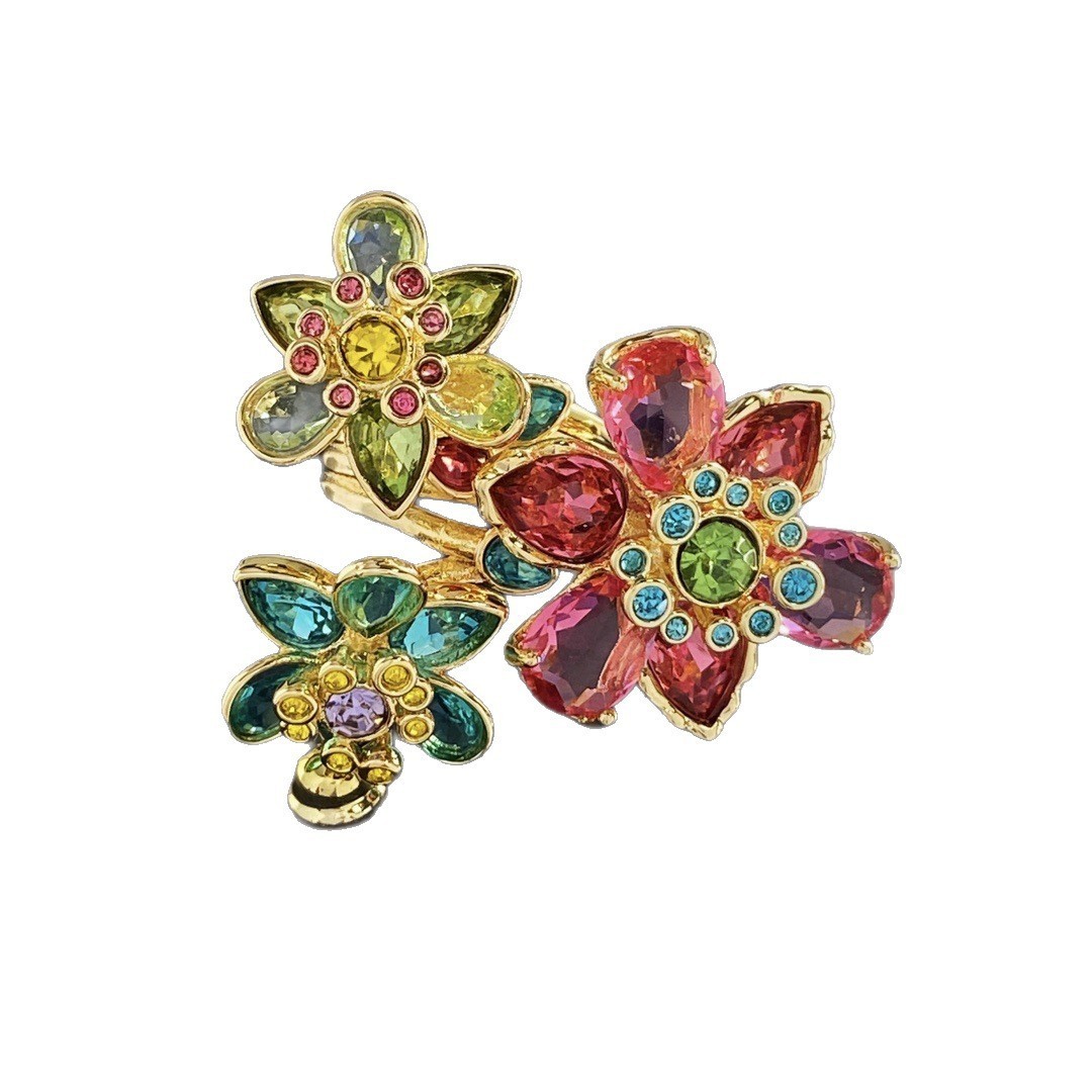 Swarovski Elements Colorful Crystal Flower Ring - 3D Floral Open Adjustable Ring