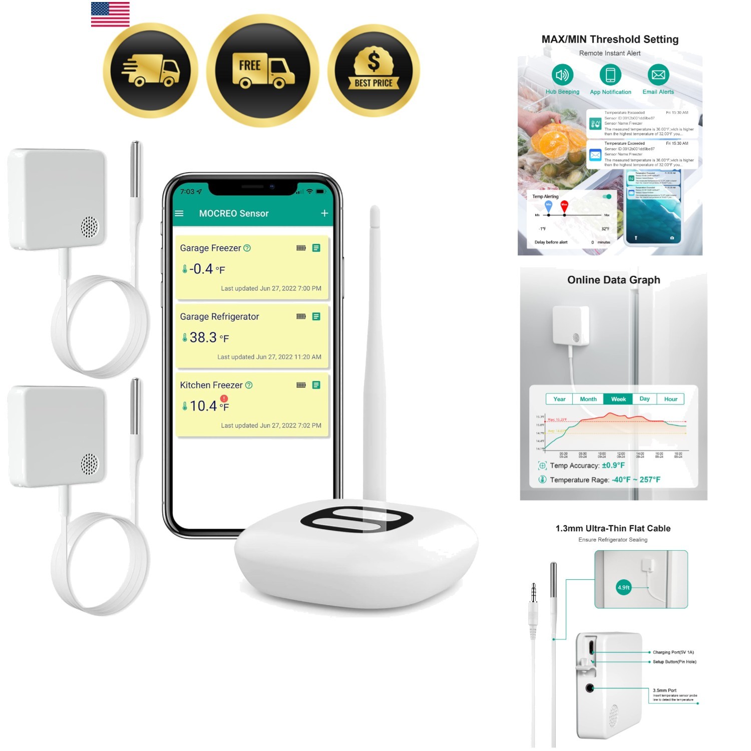 WiFi Thermometer Freezer Alarm, Email Alert, App Notification, Data Record Ex...