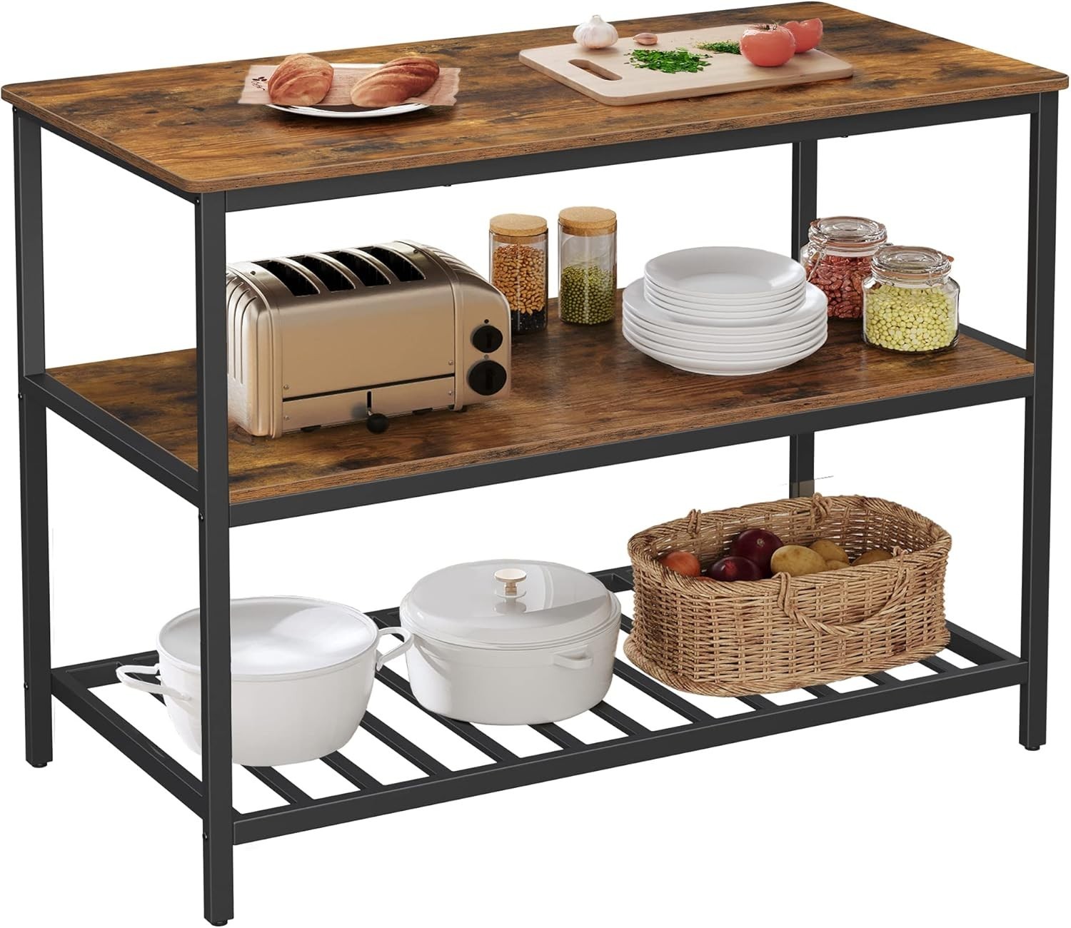 Kitchen Island with Shelves Large Worktop Freestanding Steel Structure Rustic...