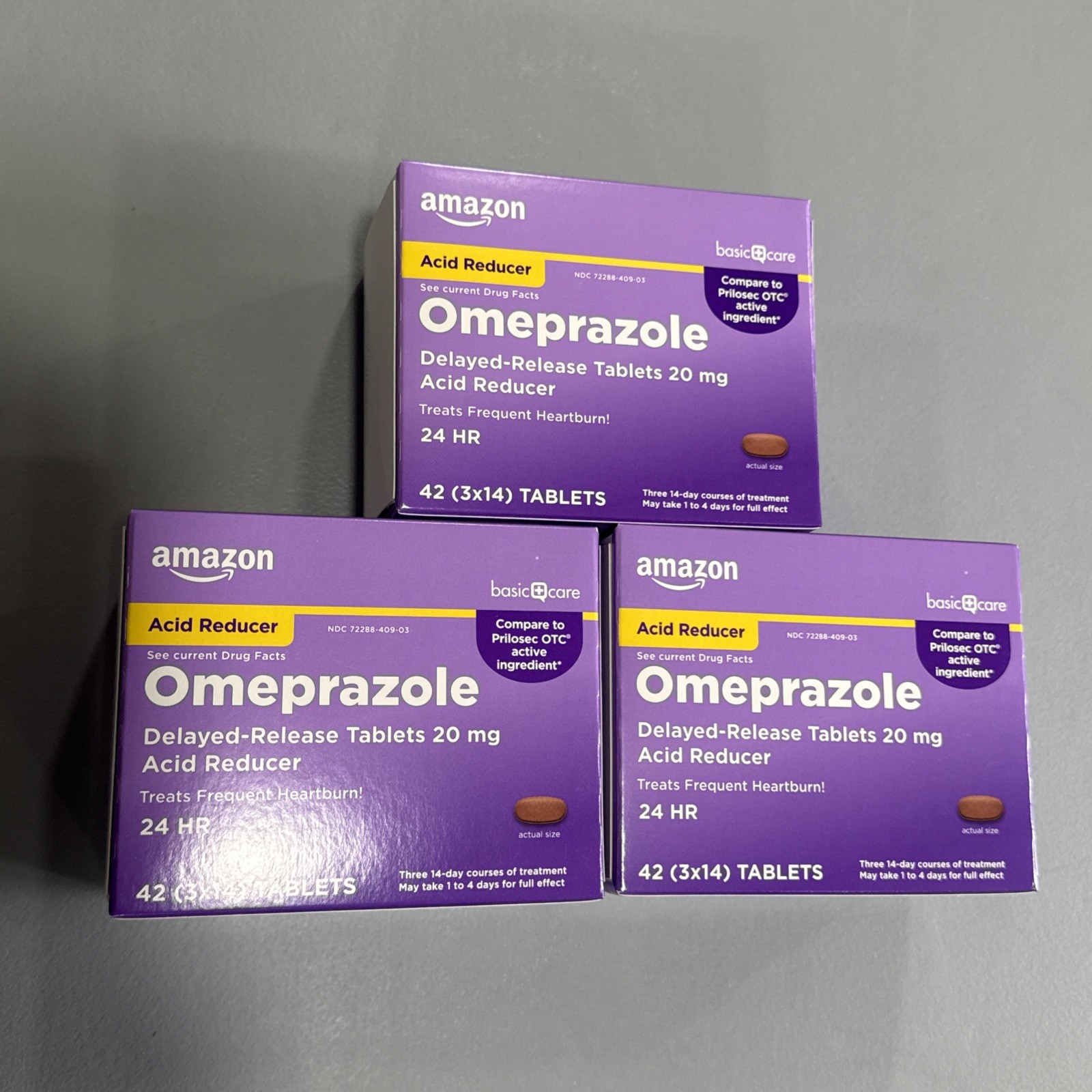Lot- 3 Amazon Basic Care Omeprazole 20mg Tablets, 42 Ct, Heartburn Exp-10/27 NEW