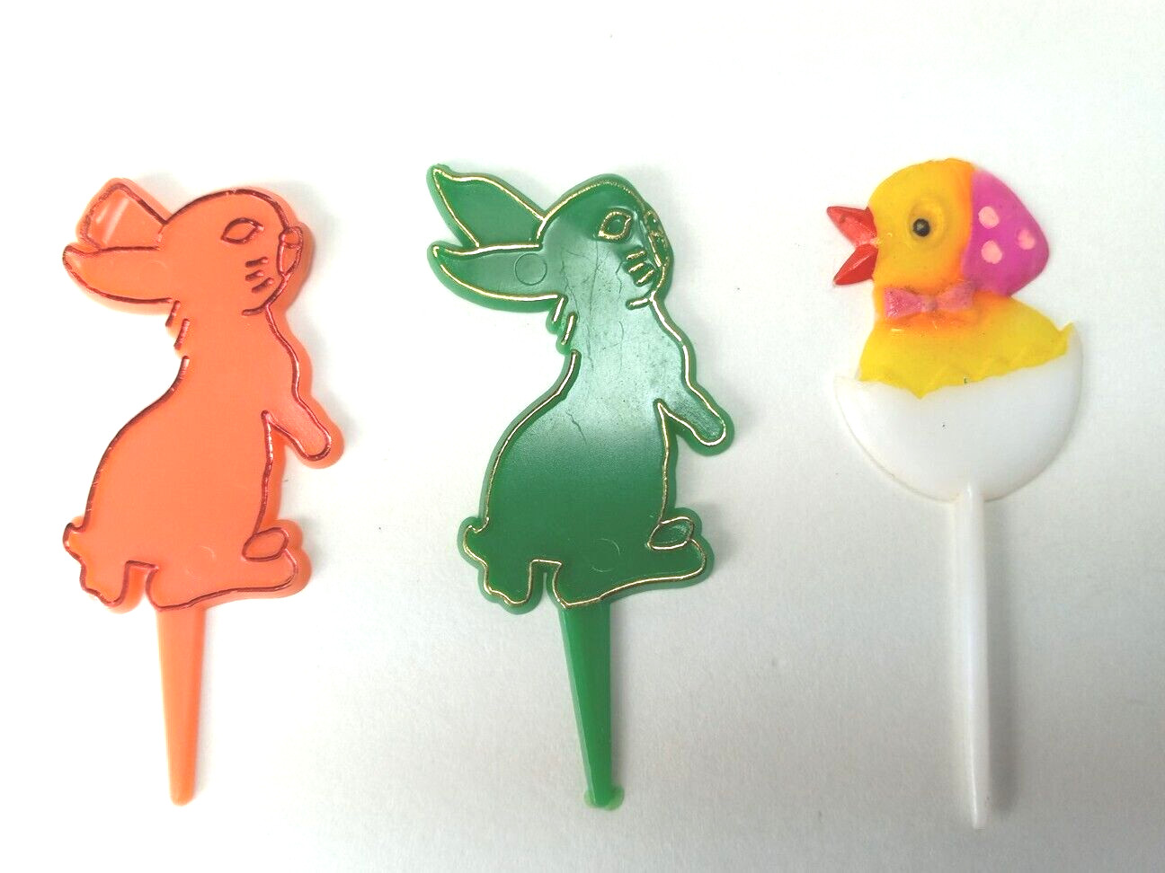 Vtg MCM Cupcake Toppers Lot 3 Bunny Chick Pick Plastic Made Hong Kong Retro 2.5"