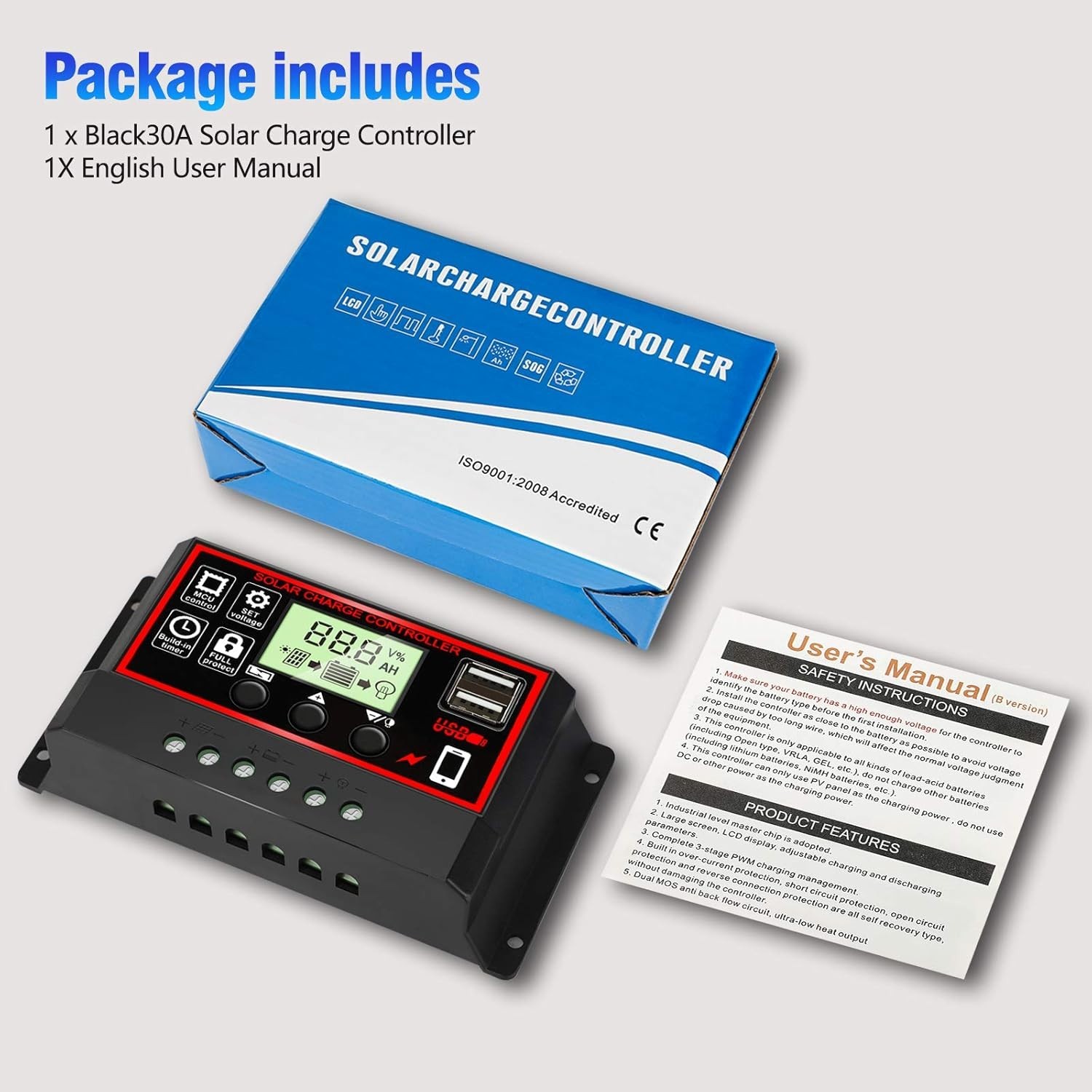 30A PWM Solar Charge Controller with Dual USB & LCD Display for 12V/24V Systems