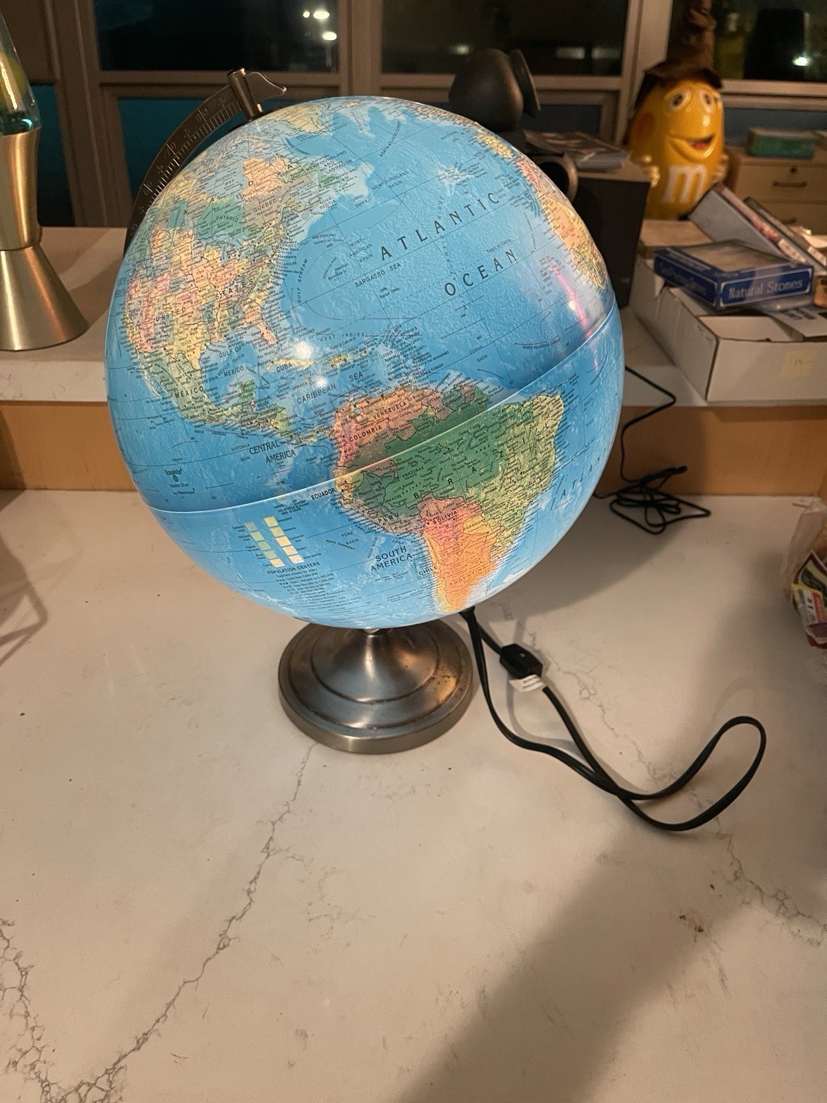 Vintage Lighted Glowing World Globe Lamp Lite Silver Nickel Detail Desktop