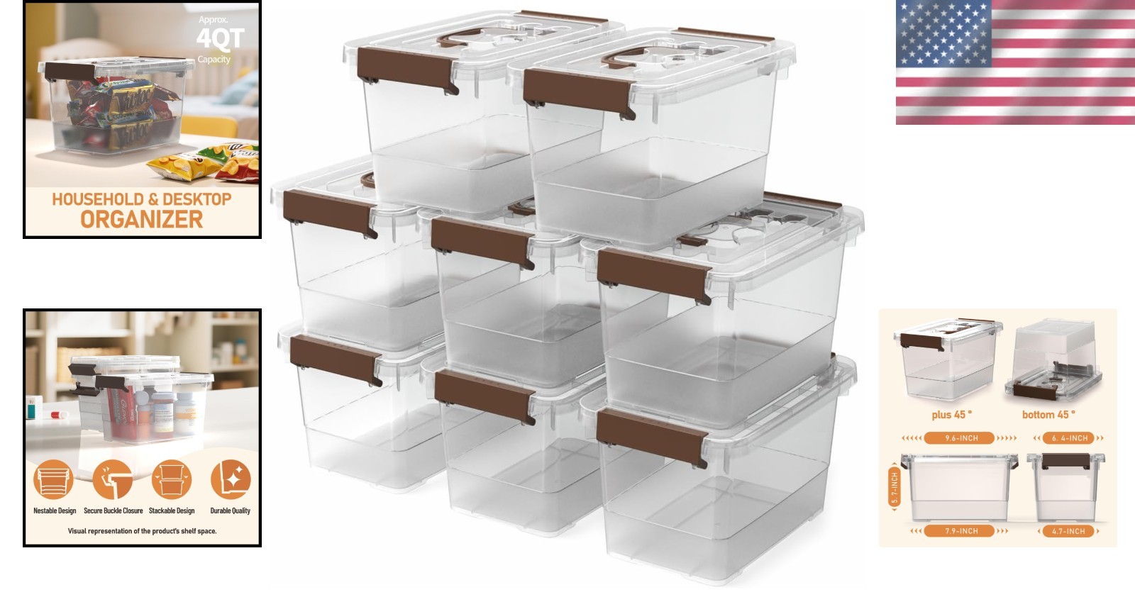 8 Pack Stackable Clear Plastic Storage Bins, 4 Quart Latch Boxes with Handles