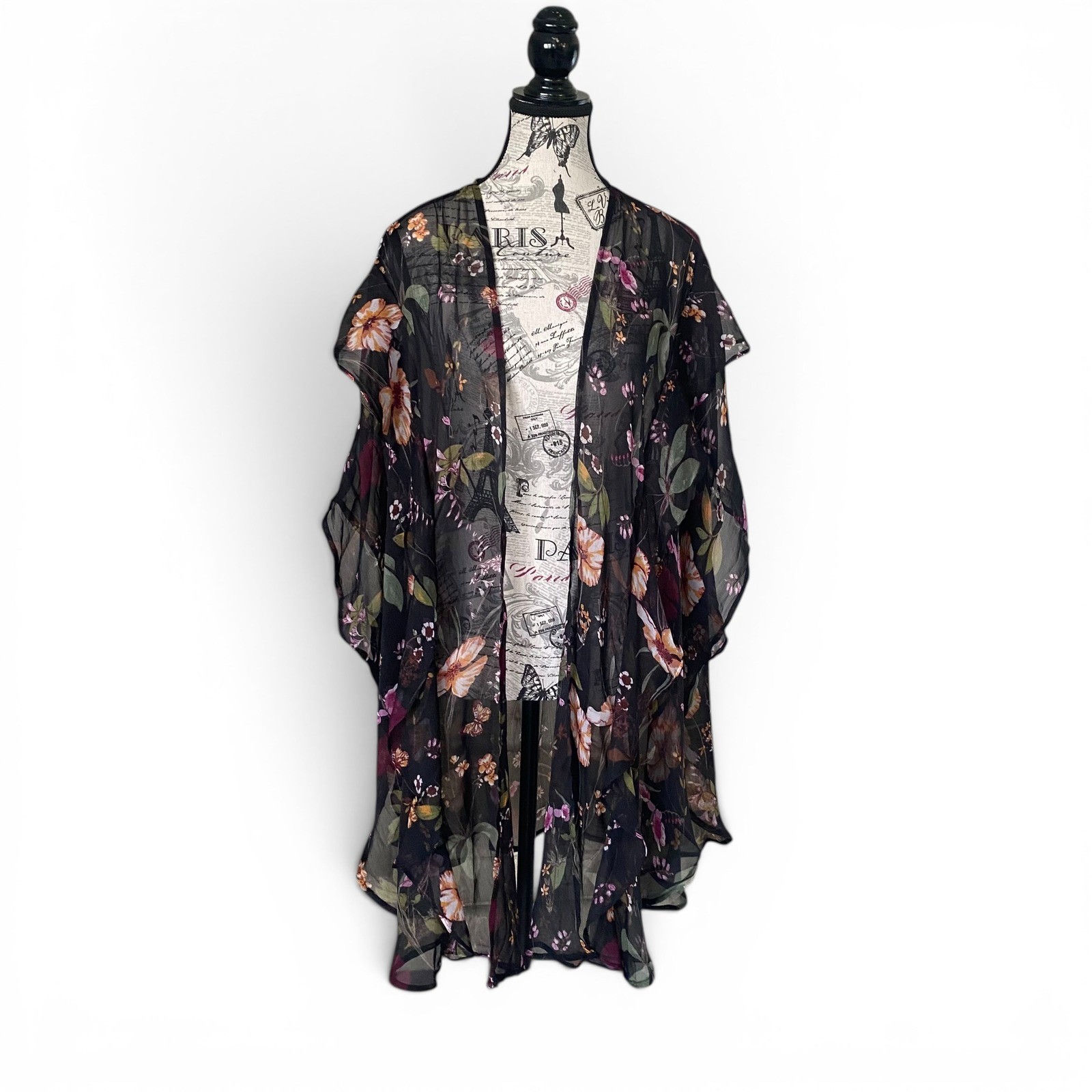 Steve Madden Kimono Women OSFM Black Floral Butterfly Sheer Chiffon Wrap Coverup