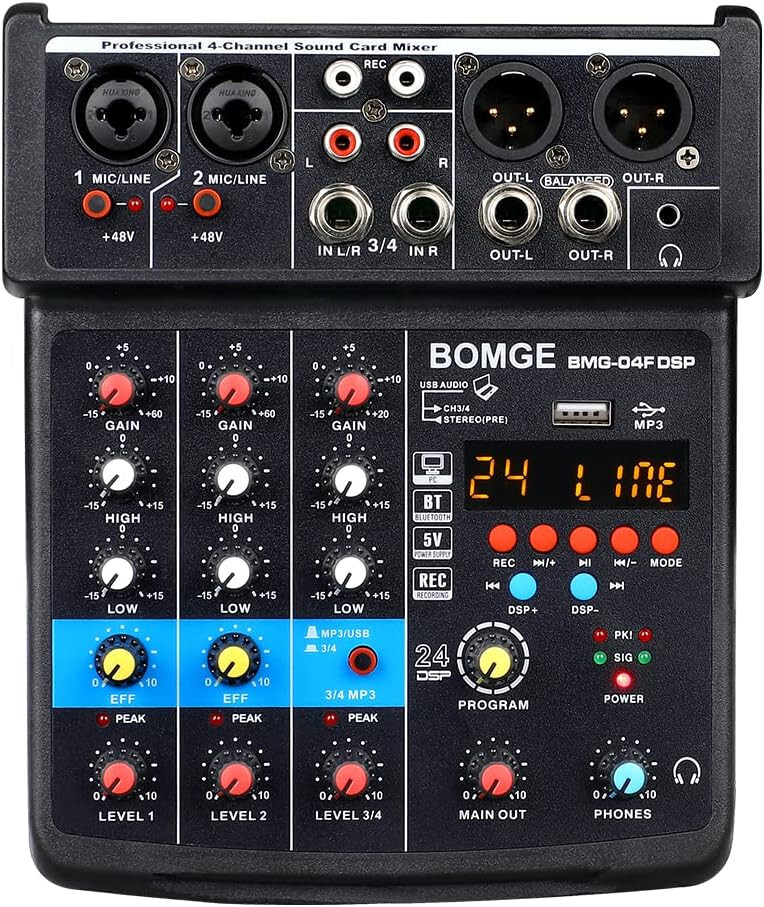 4 Channel DJ Audio Sound Mixer Interface with MP3 USB Bluetooth Stereo 24 DSP